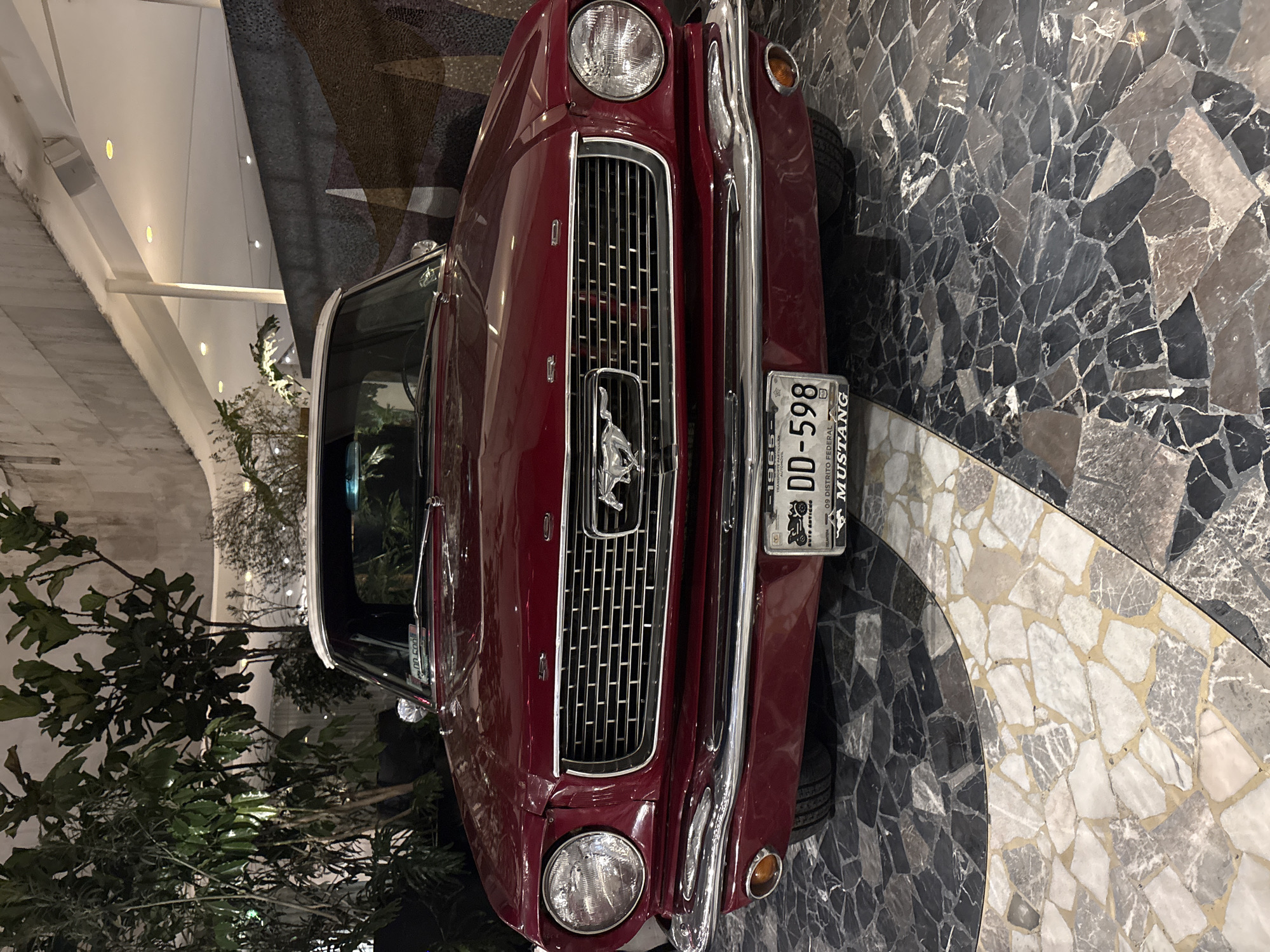 The image shows the front view of a red 1965 Ford Mustang. The car's grille features the iconic Mustang horse logo. A Mexican license plate reads "DD-598," with "DISTRITO FEDERAL" visible, indicating Mexico City. The car is parked on a patterned floor. In the background, there are trees and architectural structures with overhead lighting.