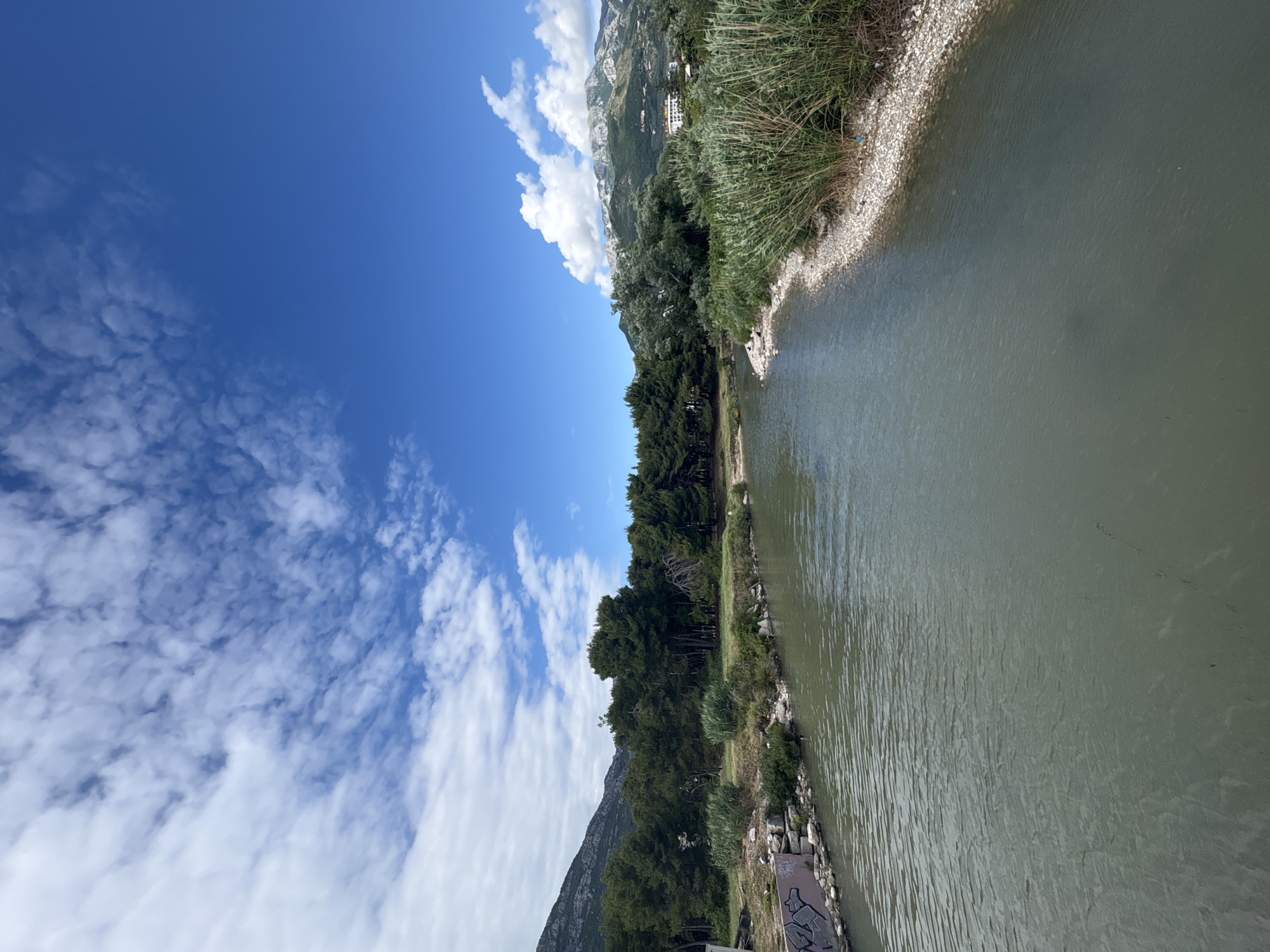 This outdoor image presents a scenic view of a natural landscape under a bright blue sky. A calm, greenish-brown body of water, likely a river or canal, occupies the right side of the frame, flowing from the mid-ground towards the foreground. Its surface shows subtle ripples.
The right bank of the water is characterized by a pebbly or rocky shoreline, giving way to dense, tall green reeds and grasses. On the opposite bank, to the left, there is a distinct edge with sparse vegetation and a line of dark green trees, possibly conifers, extending into the mid-distance.
Behind these trees, a rugged mountain range rises, forming the backdrop on the left side of the image. The mountains are covered in patchy greenery and expose rocky surfaces. A few white buildings are discernible on the mountain slopes in the distance.
The upper portion of the image is dominated by a vibrant blue sky dotted with scattered white clouds; some appear fluffy, while others are more wispy. The scene suggests a clear, sunny day, likely during the morning or afternoon. No specific activities are depicted.
In the bottom-left corner, on a concrete structure bordering the water, there is some visible graffiti featuring indistinct stylized letters in black and white. The overall atmosphere is one of tranquility and natural beauty, consistent with a location like Bar, Montenegro.