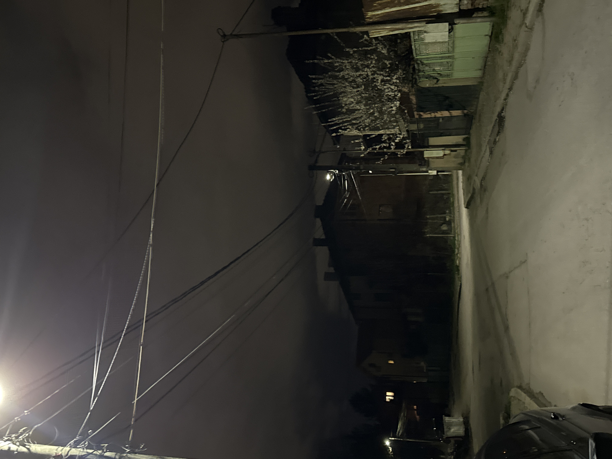 The image shows a street scene at night, possibly in Sofia, Bulgaria. The location appears to be a narrow residential street. A light post illuminates the area near the viewer, casting light on power lines above. The street is wet, reflecting some of the light. Buildings line both sides of the street, with one building particularly prominent due to its size and dark appearance. A tree with white flowers extends over the buildings. A car is partially visible in the lower right of the frame.