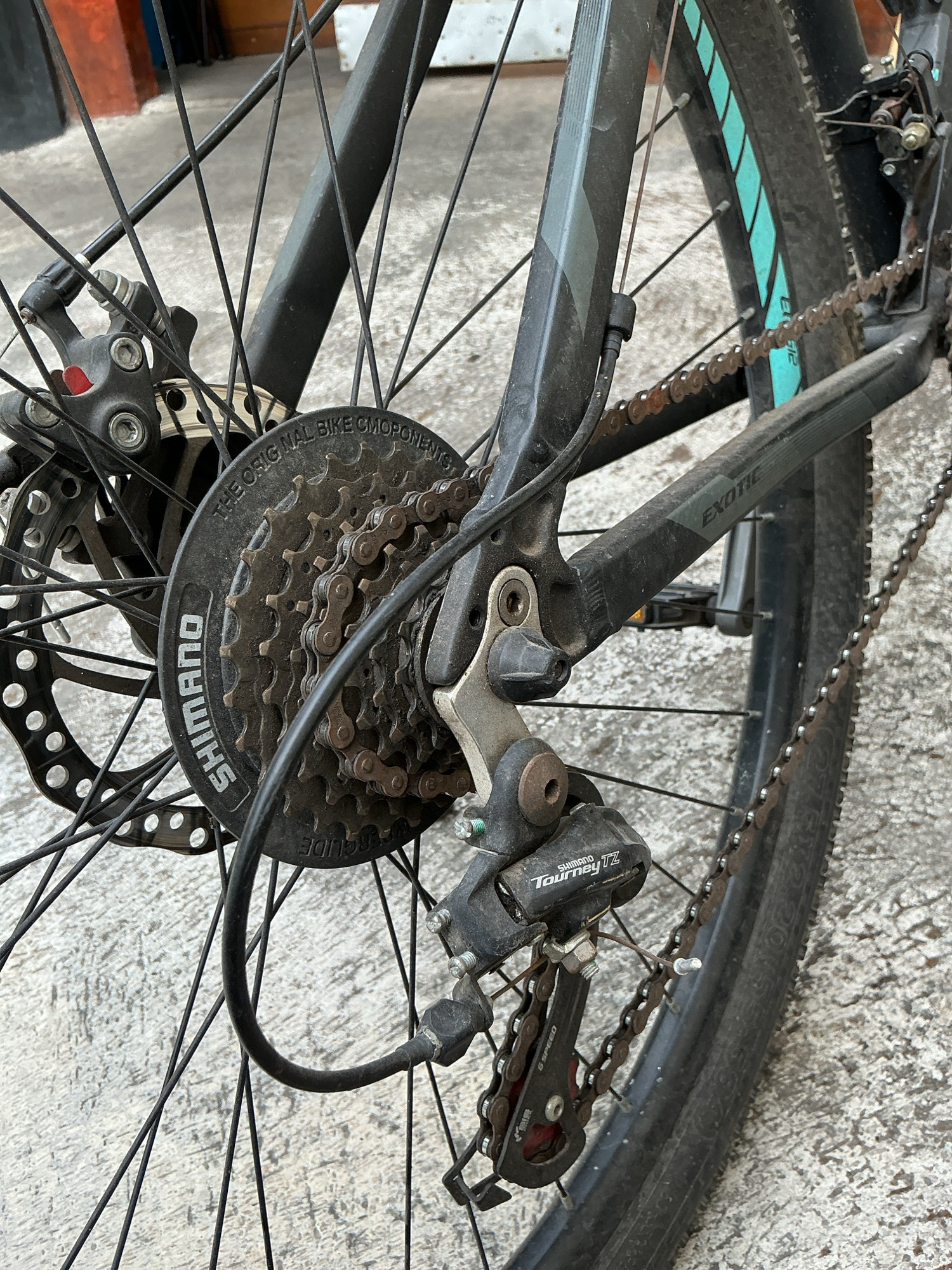 The image shows a close-up view of the rear wheel and drivetrain of a bicycle, taken outdoors. The bicycle has a black frame and appears to be in a somewhat weathered condition, with visible rust on the chain and cassette. Key components visible include the disc brake rotor, cassette (Shimano brand, with multiple cogs), derailleur (Shimano Tourney TZ), and the bicycle chain. The bicycle frame has a graphic with the word "EXOTIC" printed on it. The background suggests an urban or semi-urban environment, with hints of a concrete surface and possibly a wall or building in the distance. There are no people visible in the image. The lighting suggests it is daytime. The location is identified as Magelang, Indonesia.