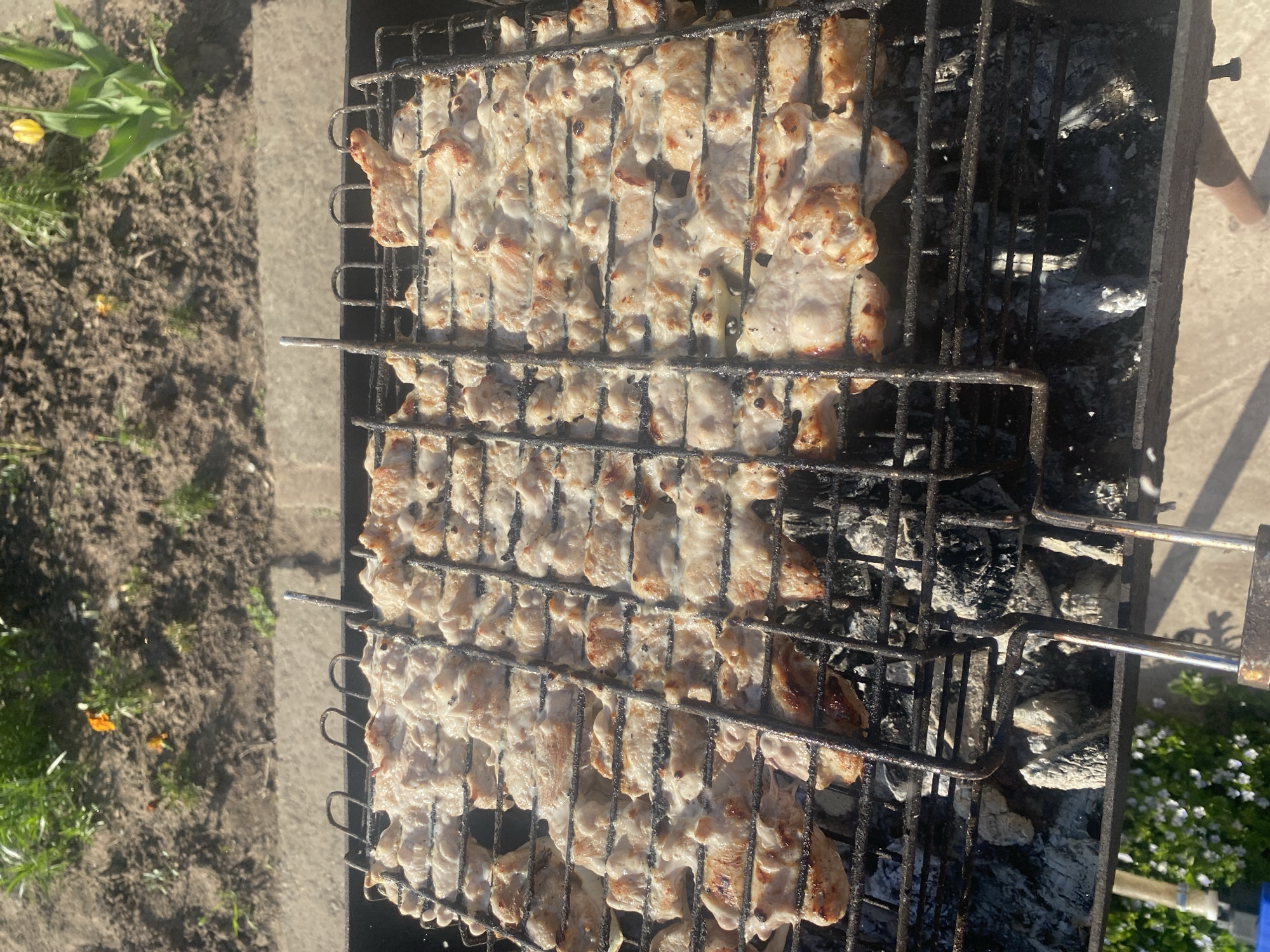 The image shows meat cooking on a charcoal grill outdoors. The meat appears to be cut into strips and arranged within a double-sided grilling basket. Below the basket, charcoal is visible. The surrounding environment includes dirt and vegetation. No people are identifiable.