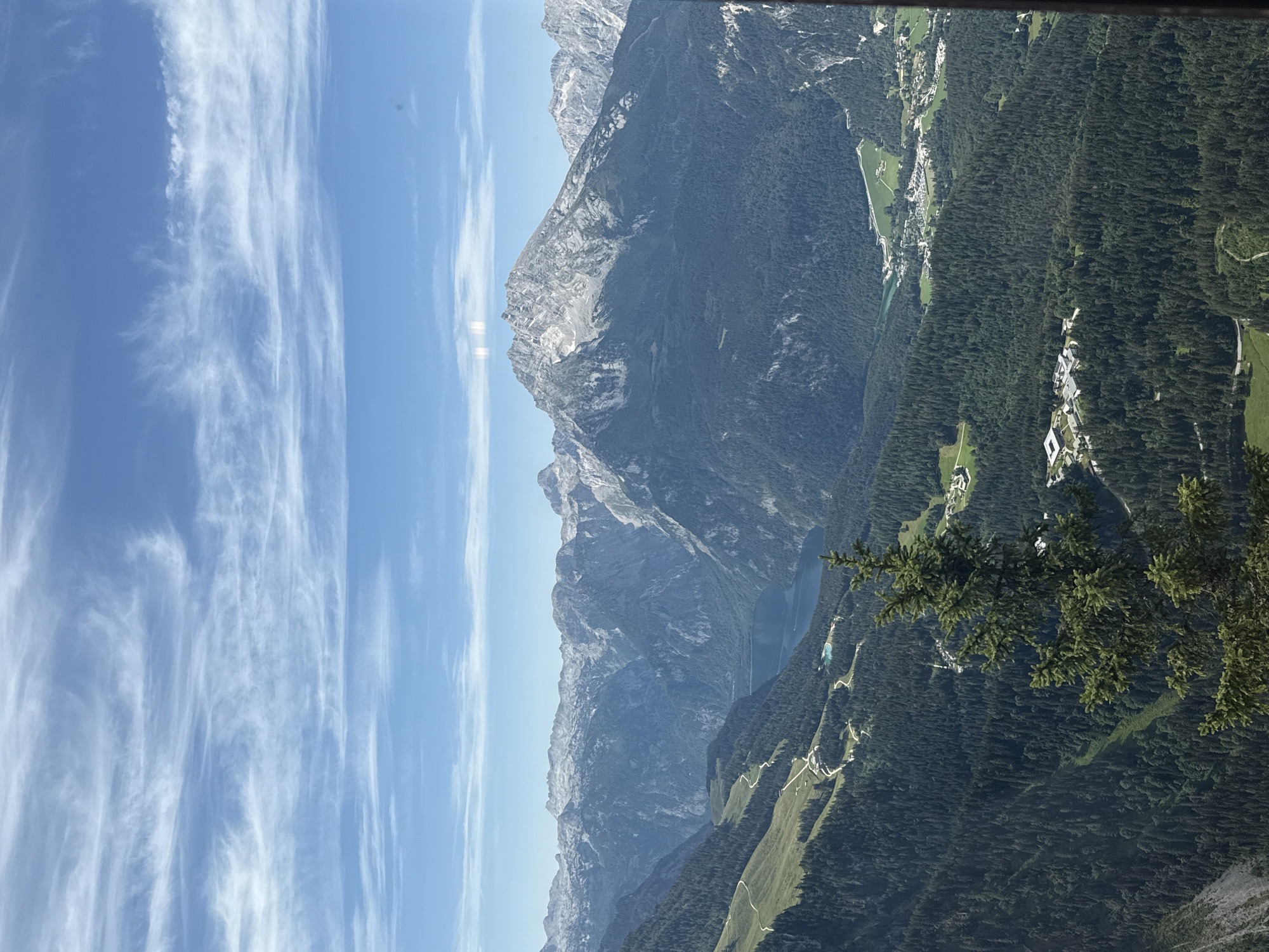 The image depicts a panoramic view of the Berchtesgaden Alps in Germany. The foreground features a tall evergreen tree in the lower right quadrant, obscuring a portion of the view. Beyond the tree, a vast expanse of dense green forest covers the slopes of the mountains. Winding roads with switchbacks are visible on the grassy slopes in the mid-ground, leading towards a tranquil, dark blue lake nestled within a valley. In the distance, a range of imposing, rocky mountains with snow-capped peaks stretches across the horizon. The sky above is a bright blue with scattered white, wispy clouds. The scene is bathed in natural daylight, suggesting a clear, sunny day.