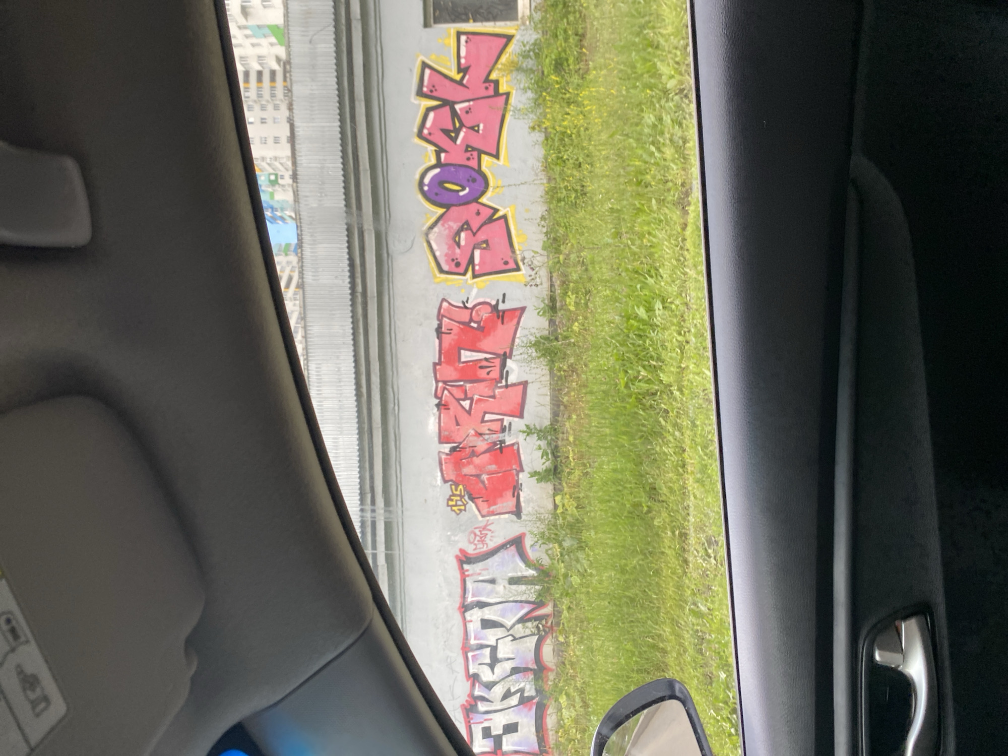 The image is a photograph taken from inside a vehicle, looking out towards a gray, corrugated metal wall. The wall is adorned with graffiti. On the left side, there is graffiti in purple and white with black outlines. In the center, there is red graffiti with black outlines. To the right, there is pink graffiti with yellow outlines. The graffiti appears to be in block lettering. In front of the wall, there is a strip of green grass with some yellow flowers. In the background, beyond the wall, there are multi-story buildings, some of which are light-colored with colored window frames. The scene suggests an urban or suburban environment. The specific location in Samara, Russia, is not identifiable from the visual information provided.