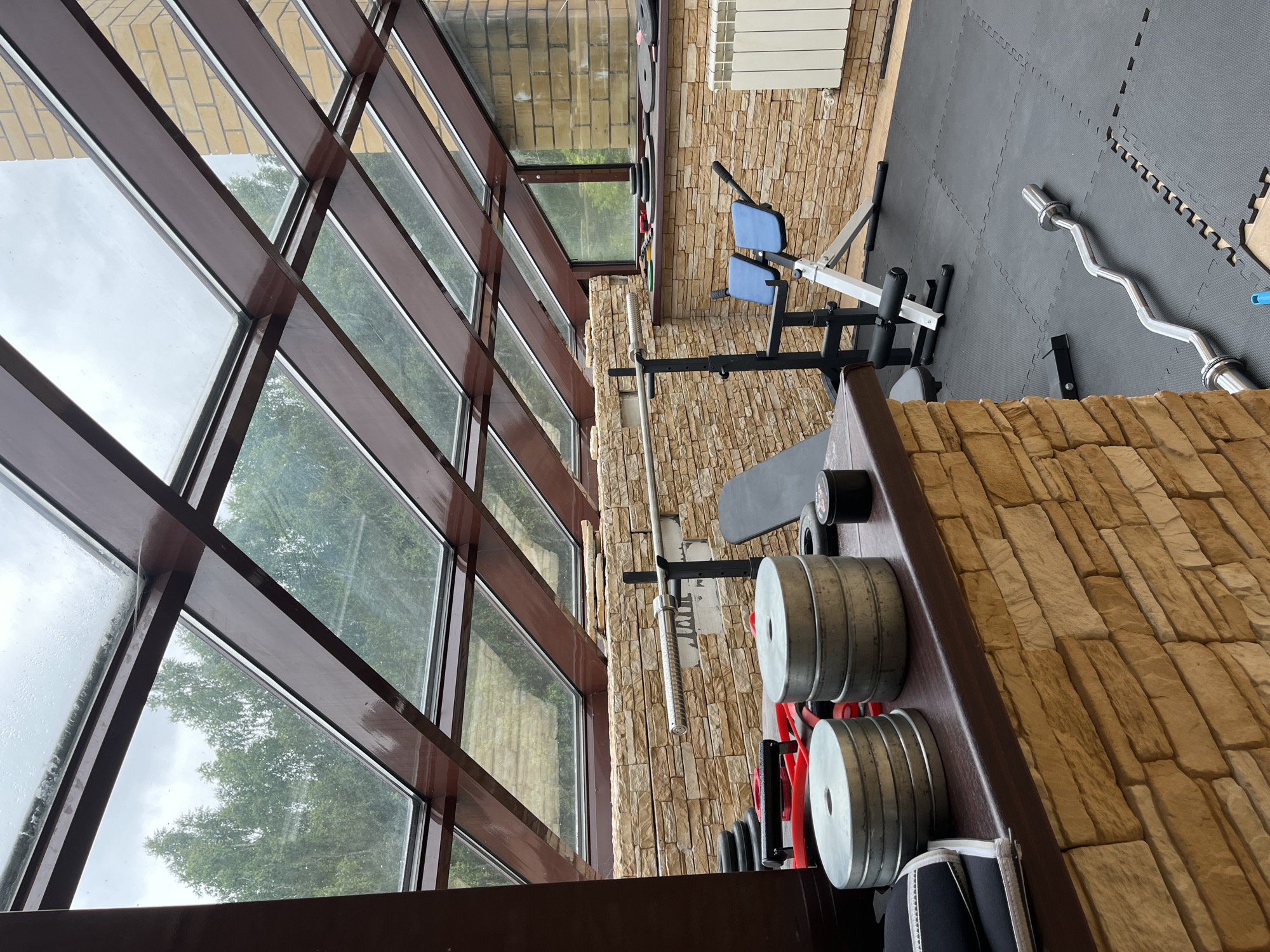 The image captures an indoor gym or fitness area, brightly lit by large, multi-paned windows on the left side. These windows feature dark brown frames and offer a view of green trees under an overcast sky, suggesting a daytime setting with cloudy weather; some window panes appear smudged or damp.
The gym space is equipped with various items for weight training. On a black interlocking rubber mat floor, an EZ curl bar lies in the mid-ground. Further back, a weight bench with blue pads is visible, along with a straight barbell resting on a stand against a textured wall. This wall, covering the right and back portions of the room, is made of light brown, stacked stone or brick veneer. A white radiator is mounted on this wall. In the foreground, a dark wooden or laminate surface holds stacks of silver-colored weight plates, alongside some red resistance bands and black fitness accessories.
No people are present in the image, and no activity is currently taking place. There is no visible text. The location context for this gym is Ореховка, Russia.