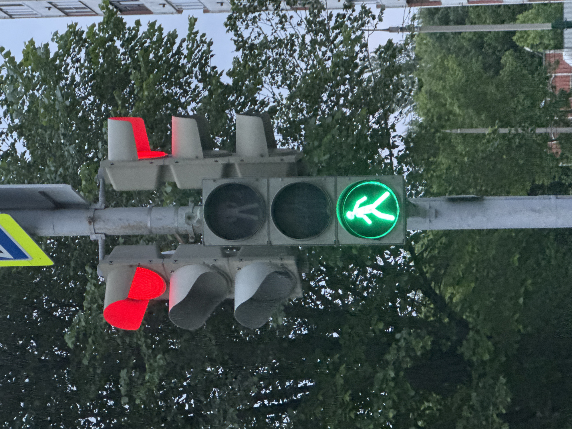 The image shows a pedestrian traffic light in Perm, Russia, with a green "walk" signal illuminated. Above the green signal, the "wait" signal is off. Below the green signal, a red pedestrian signal is active. Above the red signal, an additional light is turned on, making it an overall dangerous situation for crossing pedestrians. Green trees and buildings are visible in the background.