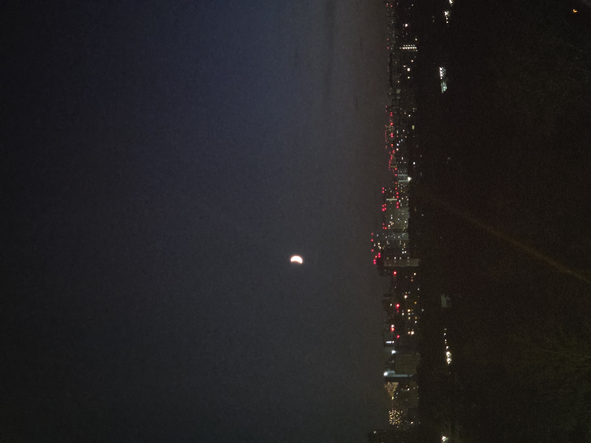 The image is a nighttime landscape of a city skyline, likely Moscow, Russia, under a dark sky with a crescent moon. The city lights are visible in the distance, appearing as a scattered collection of white and red dots against the dark horizon. Some buildings are illuminated, suggesting a populated urban area. The foreground is dark and appears to be a natural landscape, possibly trees or vegetation, obscuring the ground level. The overall impression is one of a quiet, late evening or early morning view over a sleeping city.