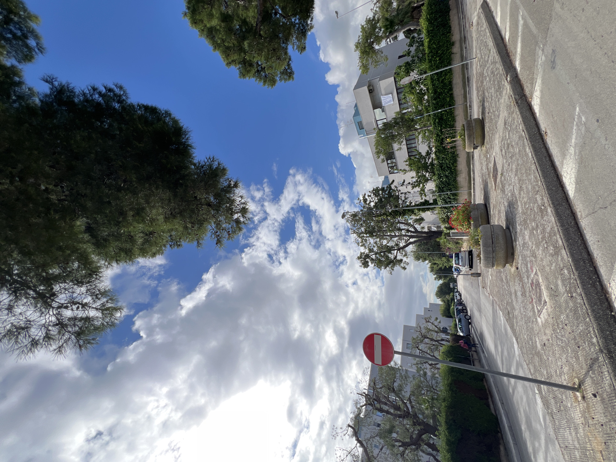 This media file captures an upward-angled view of a street scene, likely in Bari, Italy, characterized by a vibrant blue sky filled with white cumulus clouds. The perspective looks up towards the sky, framed by lush green trees on the left and right, some dense with needles (possibly pine) and others with more sparse foliage.
Along the right side of the image, a paved street runs parallel to a sidewalk. The sidewalk is made of light grey paving stones and features a raised curb. Several round, concrete planters, some containing small plants or flowers, are spaced along the curb. Behind these planters and a low hedge, modern, light-colored multi-story buildings with balconies are visible. On one of the balconies, white laundry is seen hanging to dry. Further down the street, a line of parked cars is visible, and a lone figure, possibly a child or small adult wearing a pink/red top, stands near a hedge.
A prominent red and white circular "No Entry" road sign is positioned in the lower right foreground, mounted on a metal pole. The sun appears bright, suggesting a clear daytime, likely late morning or early afternoon, with the scattered clouds providing varied light. The scene depicts a typical, peaceful urban or suburban environment. No specific activity beyond daily street life is evident. The "No Entry" sign contains no text, only the universal symbol.