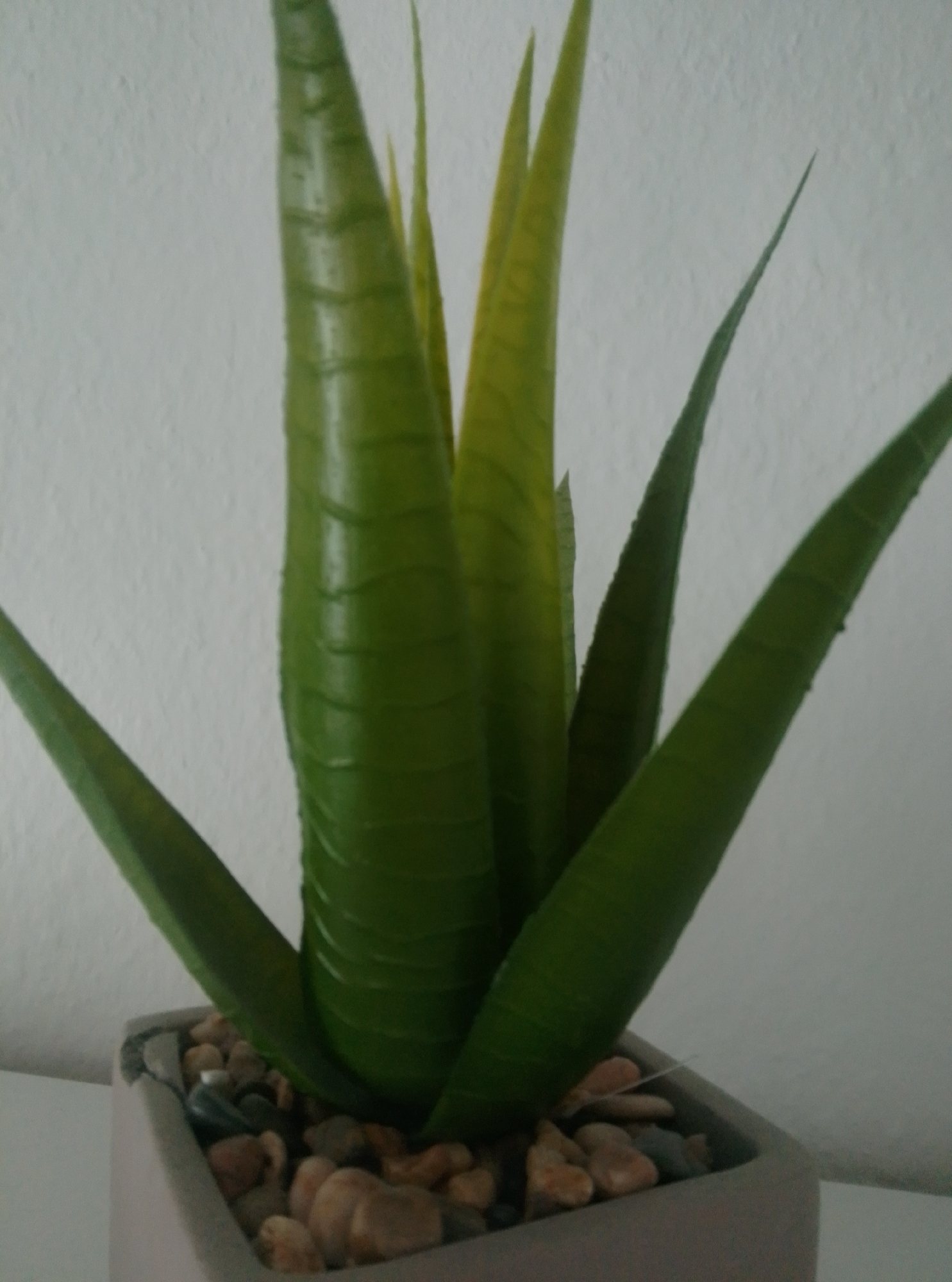 A close-up, eye-level shot features a potted artificial succulent plant against a white, textured wall. The plant has thick, green, waxy leaves that are ribbed and taper to a point. Some of the inner leaves show a yellowing at their tips. The plant is housed in a square, light grey pot filled with small, smooth pebbles in various shades of brown and grey. The scene appears to be indoors, possibly on a table or shelf, with no visible windows or doors. There are no people or animals present. The lighting is soft, casting minimal shadows. The image was taken at the Wedel, Germany location.