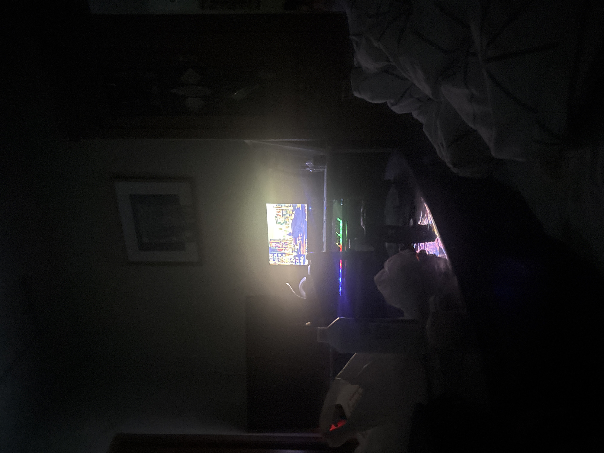 A person is in a dark bedroom playing a computer game. The person is holding a game controller. A computer and monitor are on a desk. A bed with bedding is visible. A picture frame hangs on the wall. The location is unknown, as it cannot be determined from the image.