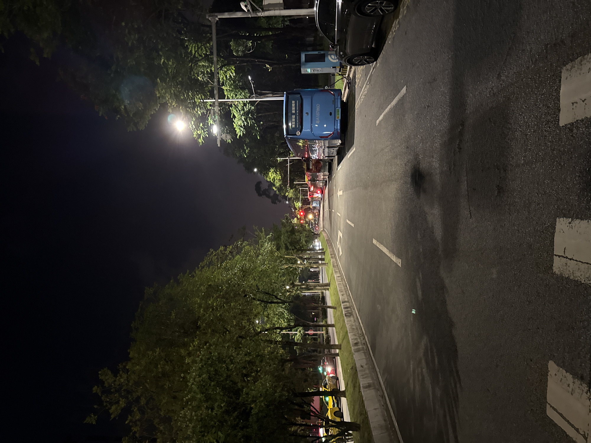 A street scene at night, likely in Haizhu District, China, features a blue bus parked on the side of an asphalt road. The bus has the license plate "粤A16766D" and Chinese characters on its rear. A black car is parked in front of the bus, and a light blue charging station is visible near the car and bus. Streetlights illuminate the road and the surrounding trees, which are lush and green. The sky is dark, indicating nighttime. The road has white lane markings and what appear to be parking bay markings. In the distance, there are other vehicles, including what looks like a yellow taxi, and traffic lights. The scene suggests an urban environment with public transportation and charging infrastructure. The overall mood is quiet and still, illuminated by artificial lights against the dark night.