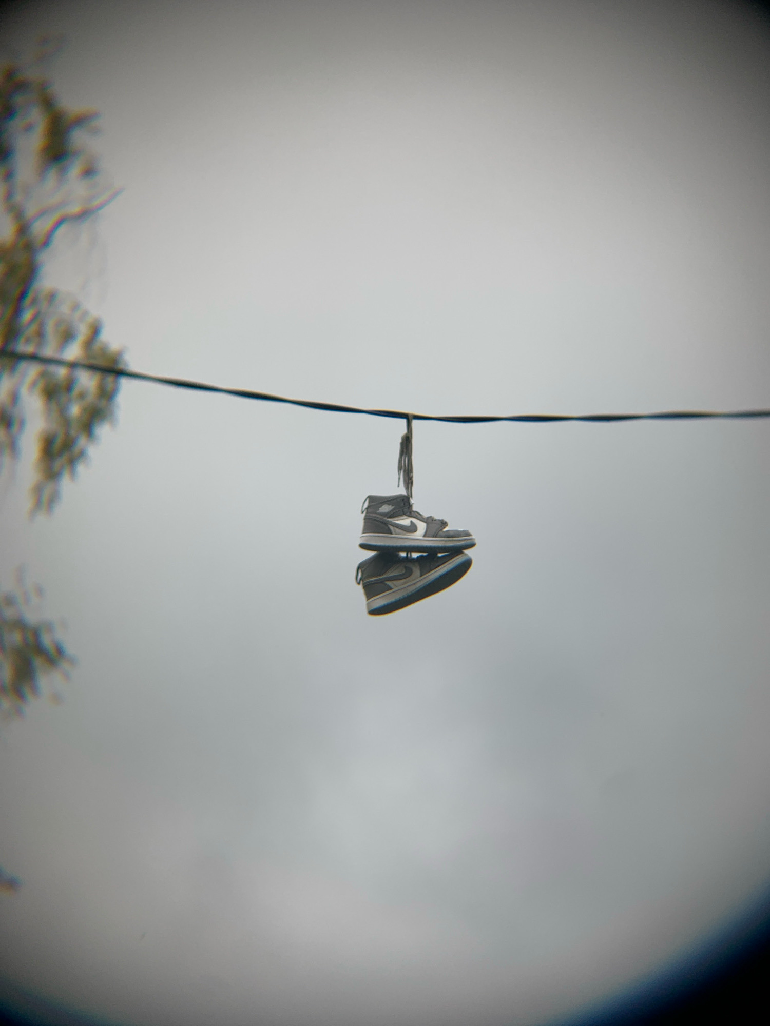 A pair of grey and white athletic shoes are suspended from a wire against a hazy, overcast sky. The shoes appear to be tied together by their laces and are positioned slightly to the right of the frame's center. To the left of the shoes, a blurred, out-of-focus branch of a tree is visible. The overall scene is indistinct, with a vignetted effect blurring the edges of the image. The location is Vas'kovo, Russia.