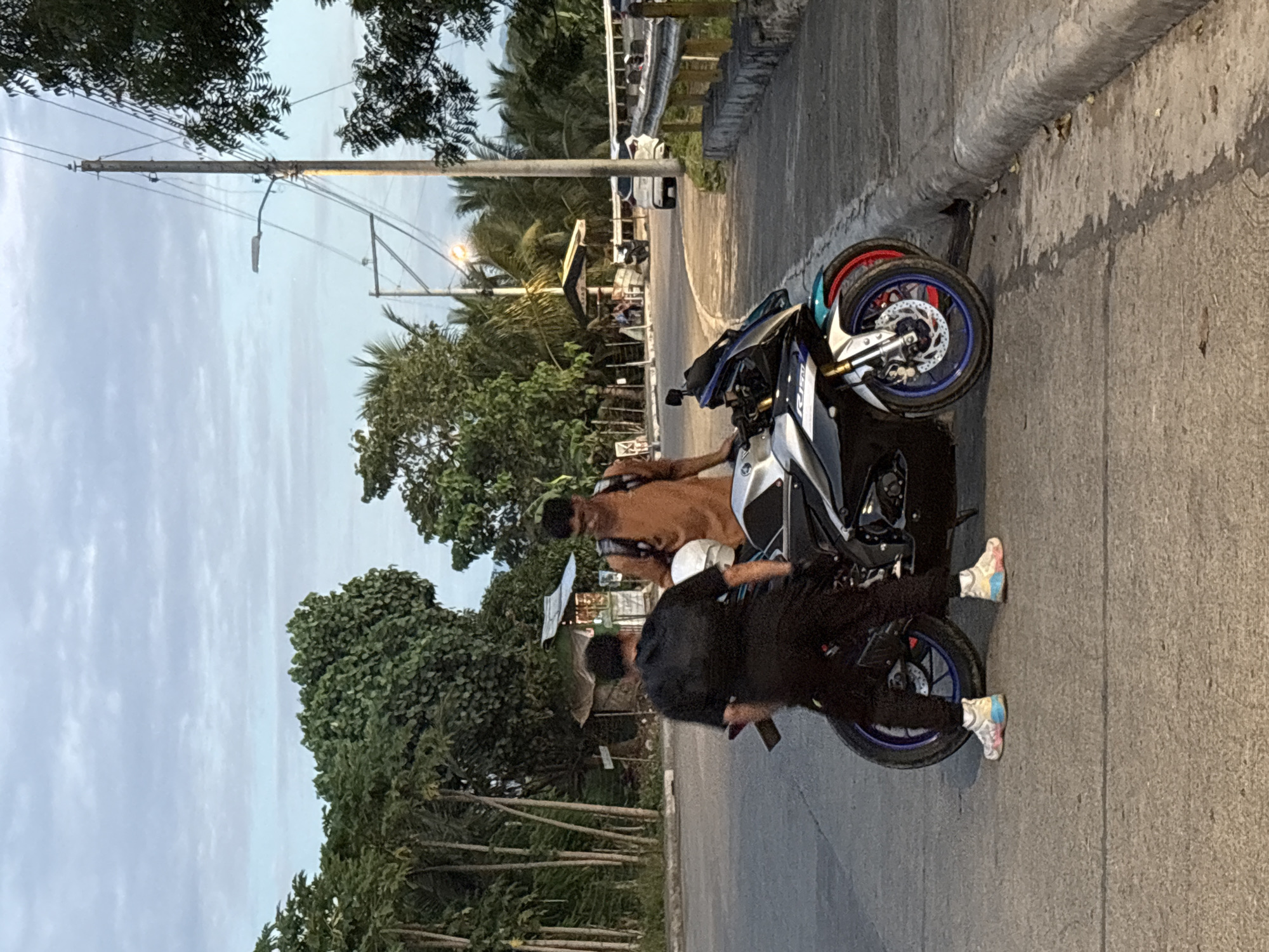 Two men are standing near a parked motorcycle on the side of a paved road. The man on the left is wearing a black t-shirt and black pants, and the man on the right is wearing an orange t-shirt and glasses, with a backpack. The motorcycle is a sports bike with black, silver, and blue accents. In the background, there are trees, a small roadside structure with a roof, a utility pole with wires, and a white car in the distance. The scene appears to be in a rural or semi-urban area of Davao City, Philippines, indicated by the vegetation, utility poles, and overall atmosphere. The sky is overcast.