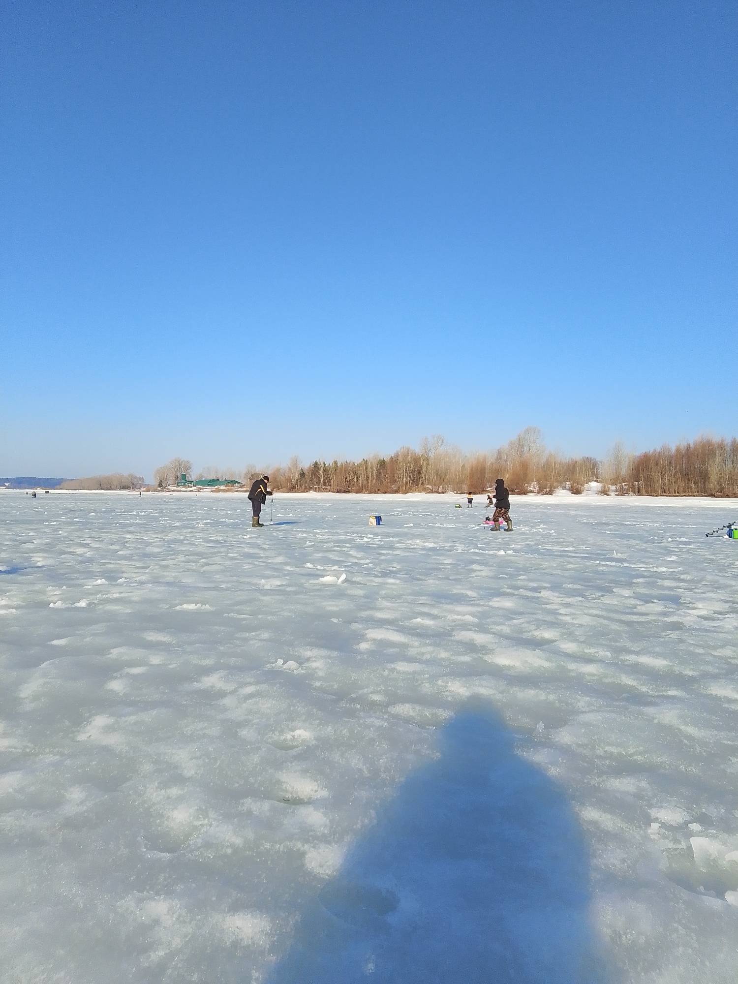 The image depicts a winter scene on an ice-covered lake or river, likely near Noviy, Russia, given the context. The sky is clear and blue. Several people are ice fishing in the distance. The ice is uneven, with patches of snow and exposed ice. The foreground shows a large shadow, likely of the photographer. There are bare trees lining the shore in the background, and buildings with green roofs can be seen in the center.