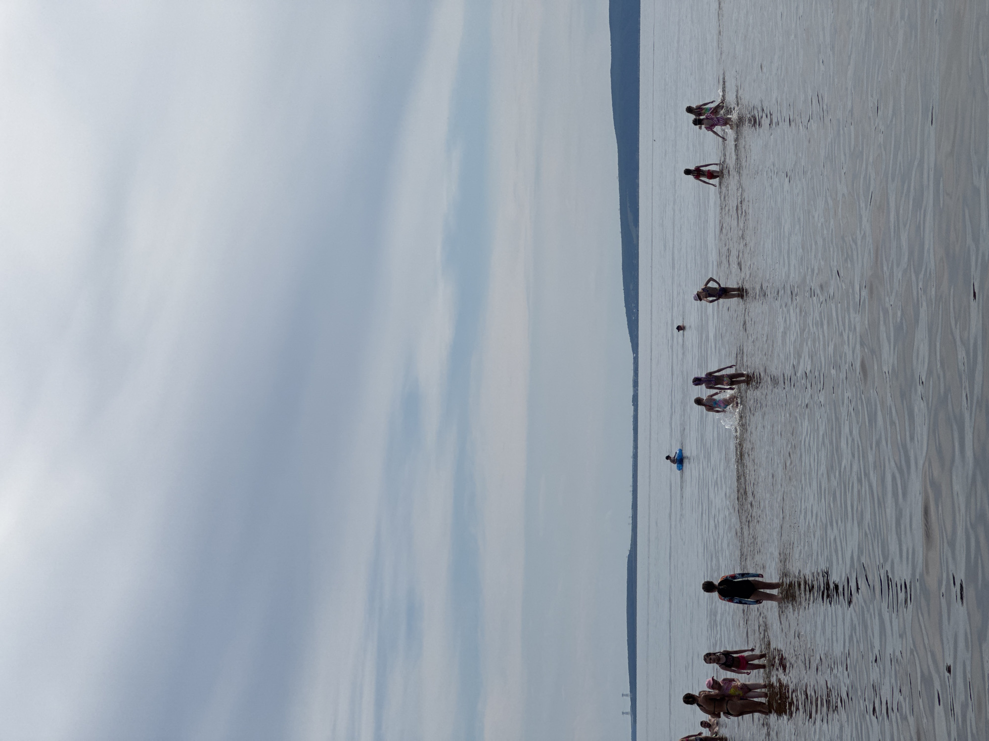 The image depicts a wide, calm body of water, likely a lake or river, under a cloudy sky. Several people, predominantly children, are visible wading and playing in the shallow water near the shore. In the foreground, a group of children are scattered, some appearing to be running or splashing. Further out in the water, a few more individuals are present, including a child on a blue inflatable ring. The distant background features a dark, tree-covered shoreline, with power lines and towers visible on a raised landmass on the far left. The overall impression is a casual outdoor scene on a moderately overcast day.