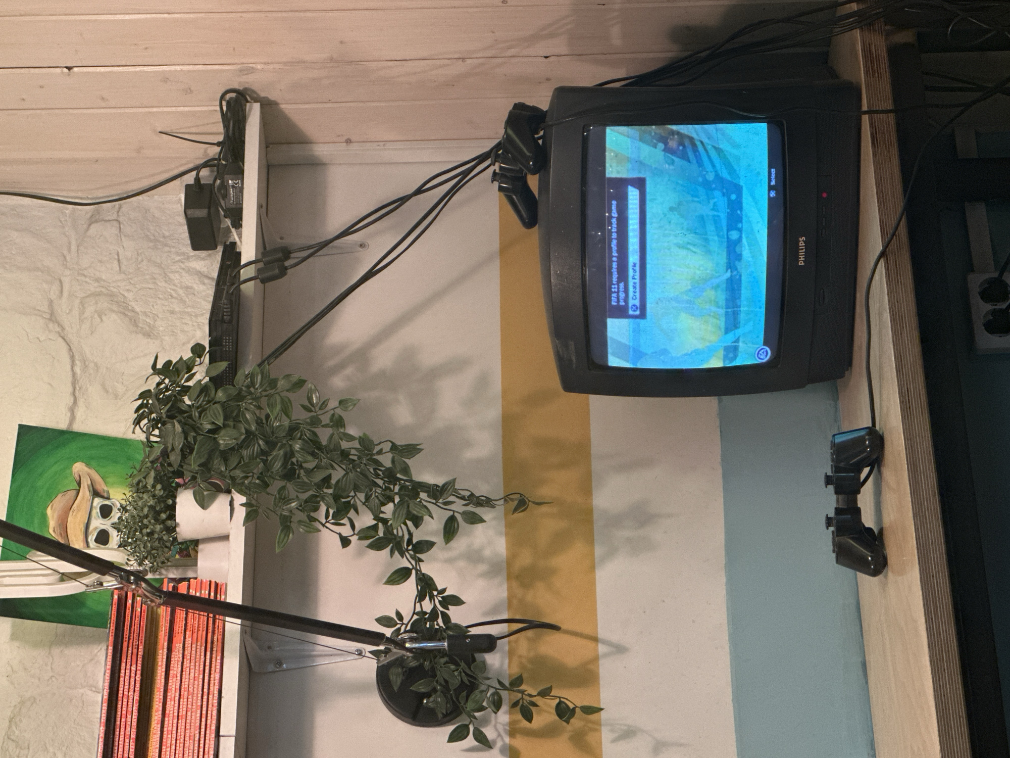 This media file captures an indoor scene in Novosibirsk, Russia, primarily focused on a vintage entertainment setup. The central subject is a black Philips CRT television, displaying a video game interface for "FIFA 11" with the message "FIFA 11 requires a profile to track game progress." and an option to "Create Profile", along with "Select". Numerous black wires and power adapters are visible, neatly bundled or draped around a white shelf above the television, suggesting a complex electronic setup. Two game console controllers, possibly from an older generation, are attached to the side of the television or a nearby surface.
To the left, below the shelf, an artificial green plant with trailing vines cascades downwards, placed in a white pot. Behind the plant, a small painting features a stylized skull wearing a cowboy hat against a bright green background. Below the plant and painting, a stack of books with red spines is visible, and a desk lamp with an adjustable arm extends from the left. The walls are a mix of white textured stone-like surface on the left and a painted surface with horizontal stripes of white, yellow, and light blue/grey on the right. Another power outlet is partially visible on the right. The lighting suggests it's daytime or early evening, indoors, with no discernible weather cues. The overall impression is a personal gaming or entertainment nook, showcasing older technology.