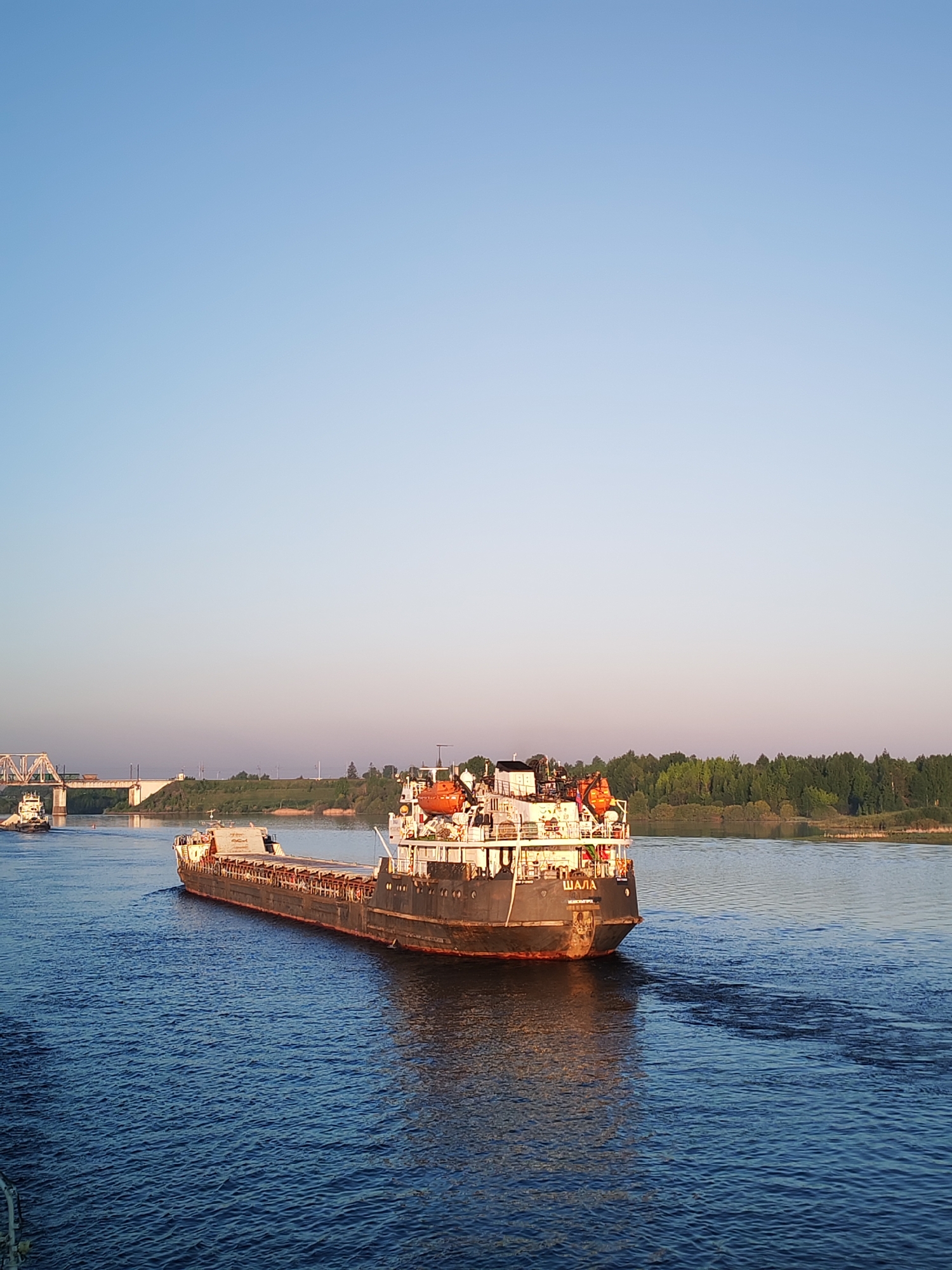 A cargo ship named "SHALA" is sailing on a river in Нифантово, Russia. The ship is gray and has some orange life rafts on top. There is a bridge and a tugboat in the background to the left of the ship. The river reflects the color of the sky. The river is bordered by a green, wooded bank on the far side. The sky is clear with a light gradient in color. The sun appears to be low on the horizon.