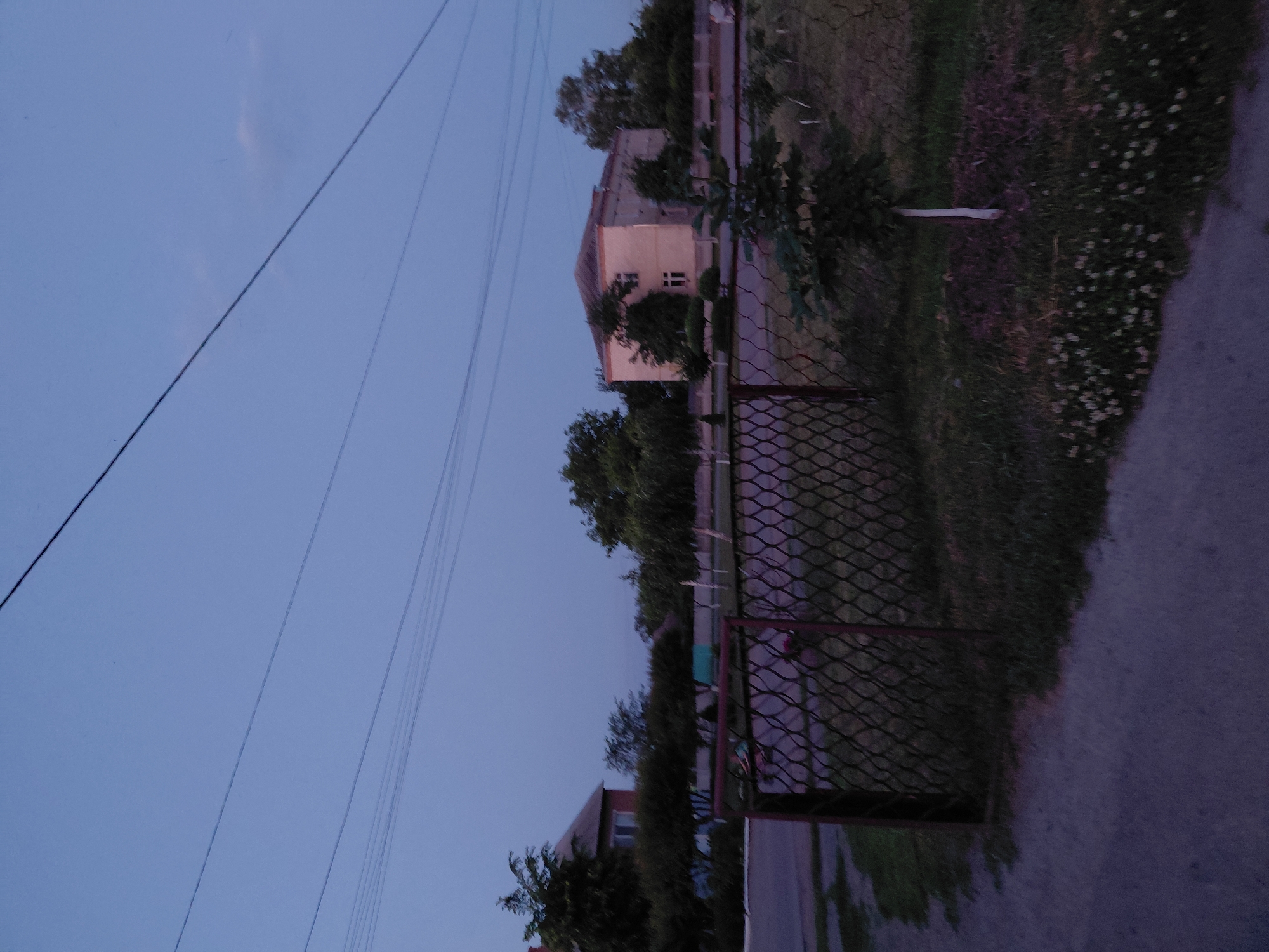 The image captures an outdoor scene at dusk in Ustyvytsia, Ukraine. A chain-link fence with a dark metal frame runs horizontally across the foreground, obscuring a view of the grassy area behind it. A paved path or road is visible to the left of the fence. In the midground, several trees and bushes line the perimeter of what appears to be a residential area. A light-colored, two-story building with a sloped roof and visible windows is situated among the trees on the right side of the image. To the left, a portion of another building, partially obscured by trees, is visible. Overhead, several power lines crisscross the twilight sky, which is a pale blue with subtle hints of pink. The overall lighting suggests a low-light condition, characteristic of early evening or late twilight. No people are clearly discernible in the image.