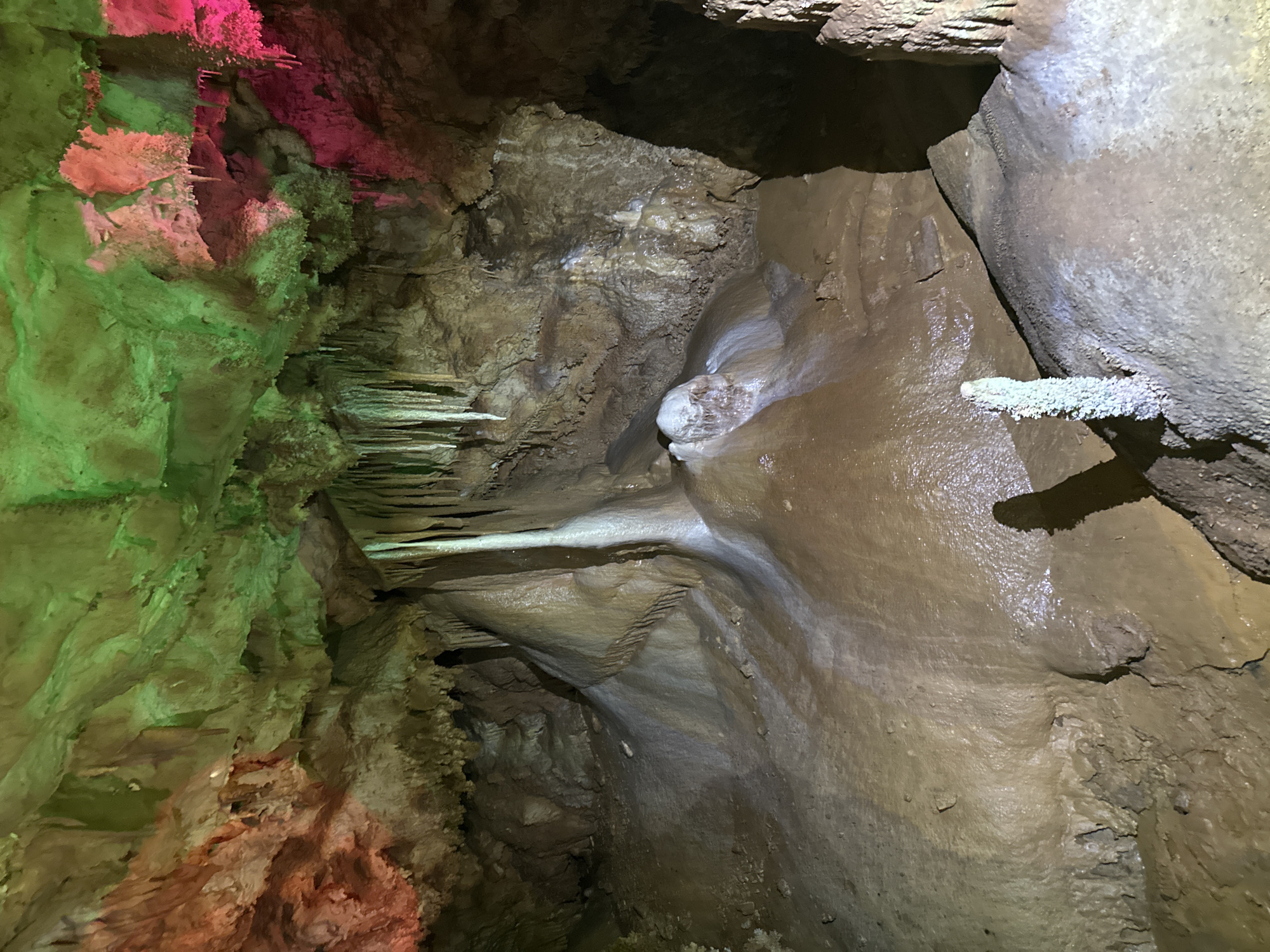 The image depicts the interior of the Orlova Chuka cave, located near Belo pole, Bulgaria. The cave walls are composed of rock formations, with sections illuminated by green and pink lights. There are stalactites and other cave formations visible. The walls appear damp or wet.