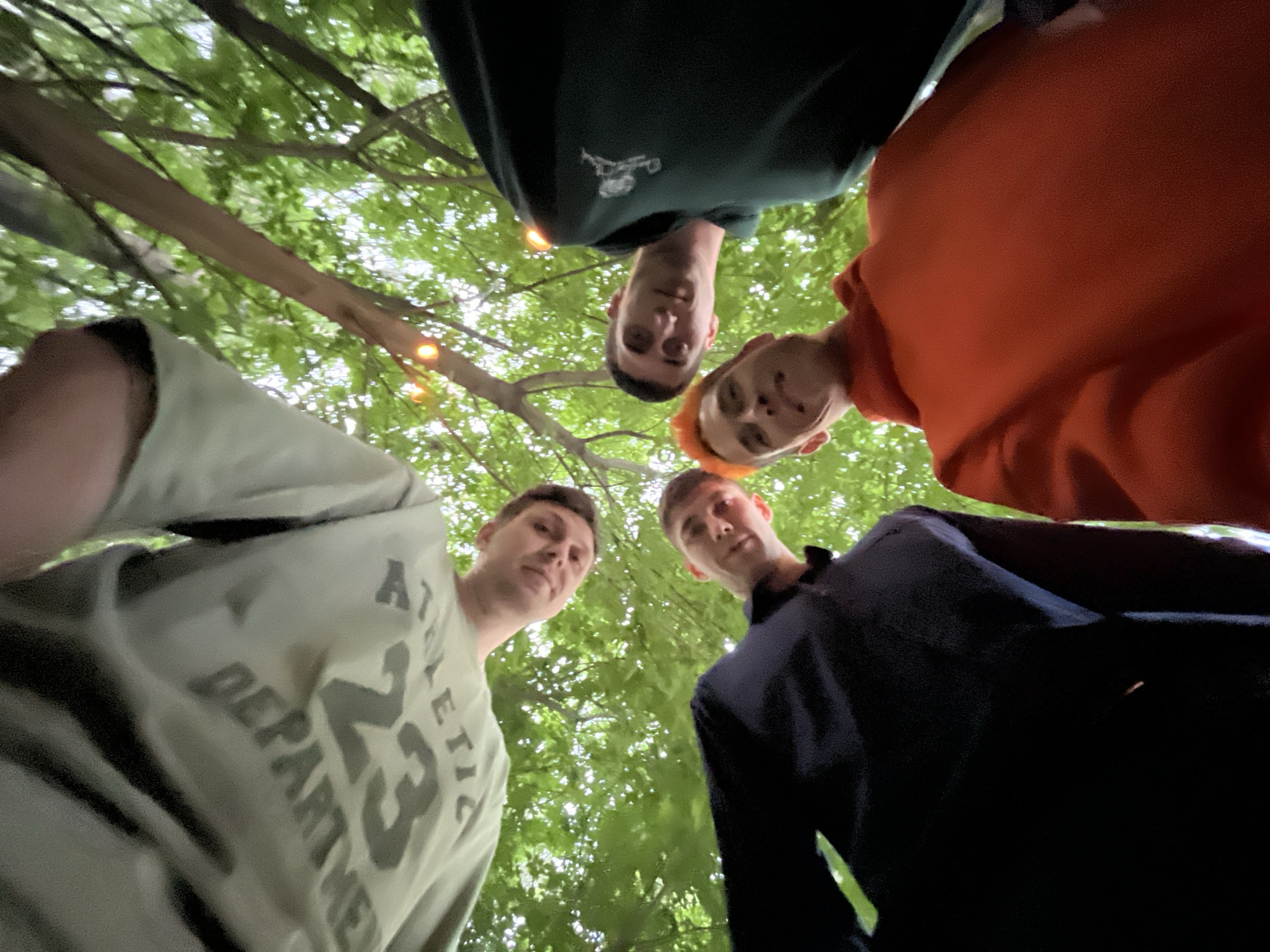 This image captures four young adult males from a low-angle perspective, looking downwards towards the camera. The scene is set outdoors, beneath a canopy of green foliage and tree branches, with several small, warm-toned string lights visible among the leaves. The sky is partially visible through the natural cover, appearing bright.
One male subject is positioned at the top of the frame, wearing a light-colored hooded sweatshirt with the inverted text "ATHLETIC DEPARTMENT 23" printed on the front. His face is visible as he looks towards the camera.
Another male subject is situated at the bottom-left, dressed in a dark, collared shirt. His face is visible, directed downwards.
A third male subject is at the bottom-right, wearing an orange hooded sweatshirt. He has distinct orange-dyed hair and is looking towards the camera.
Adjacent to the subject in orange, a fourth male subject wears a dark green hooded sweatshirt featuring a white logo, identified as the Jordan Jumpman, on the left chest area. His face is visible, also directed downwards.
All four subjects are arranged in a semicircular formation, leaning inwards, with their gazes convergent on the camera's position. The scene is located in Chaikovsky, Russia.