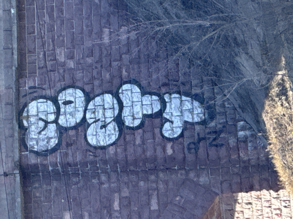 An outdoor scene in Ям, Russia, depicts a vertical graffiti tag spray-painted on a dark reddish-brown brick wall, likely part of a bridge or overpass. The graffiti, rendered in white paint with a thick black outline, spells "MOOD" from top to bottom in a bubbly, cartoon-like font. A smaller, black handwritten tag, possibly "N.P.Y.", is visible below and to the left of the main graffiti. The brick wall features visible mortar lines and shows some surface weathering. To the lower right, a bare deciduous tree or shrub with multiple thin, grayish-brown branches partially obscures the wall. The ground level at the bottom of the image reveals a patch of dry, golden-brown vegetation. The scene is illuminated by daylight, casting subtle shadows. No individuals are present in the image.