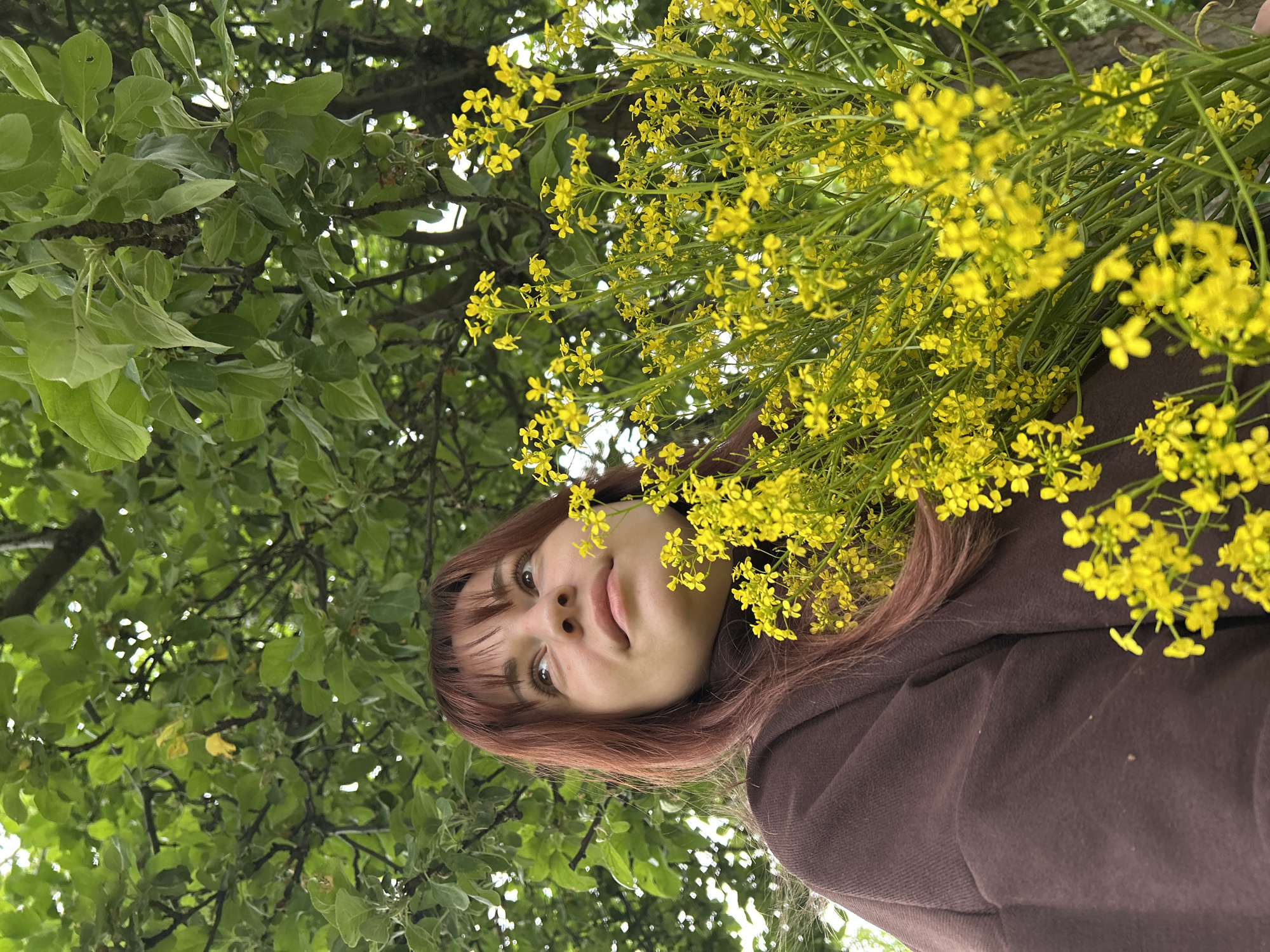 The image presents an outdoor portrait of a young woman surrounded by nature, likely in Фоки, Russia. The shot is angled upwards, looking towards the woman and the tree canopy above her.
The main subject is a young woman with reddish-brown, shoulder-length hair and bangs. She looks directly towards the viewer with a neutral, slightly serene expression. Her eyes are light-colored, and she has subtle makeup. She is wearing a dark brown, possibly hooded, top or jacket.
A prominent feature is a large cluster of vibrant yellow flowers, resembling rapeseed or mustard flowers, which frames the woman's face and upper body, extending across the right side of the image. The green stems of these flowers are also visible.
The background consists of dense green foliage from trees, with various shades of green leaves and branches. Some bright light or sky is visible filtering through the leaves, indicating it is daytime. The lush greenery suggests a natural setting like a garden, park, or wooded area.
The activity taking place is a posed portrait or selfie, capturing the woman within this natural, floral environment. The overall mood is peaceful and natural, emphasizing the vibrant colors of the flowers and leaves. There is no visible text in the image.