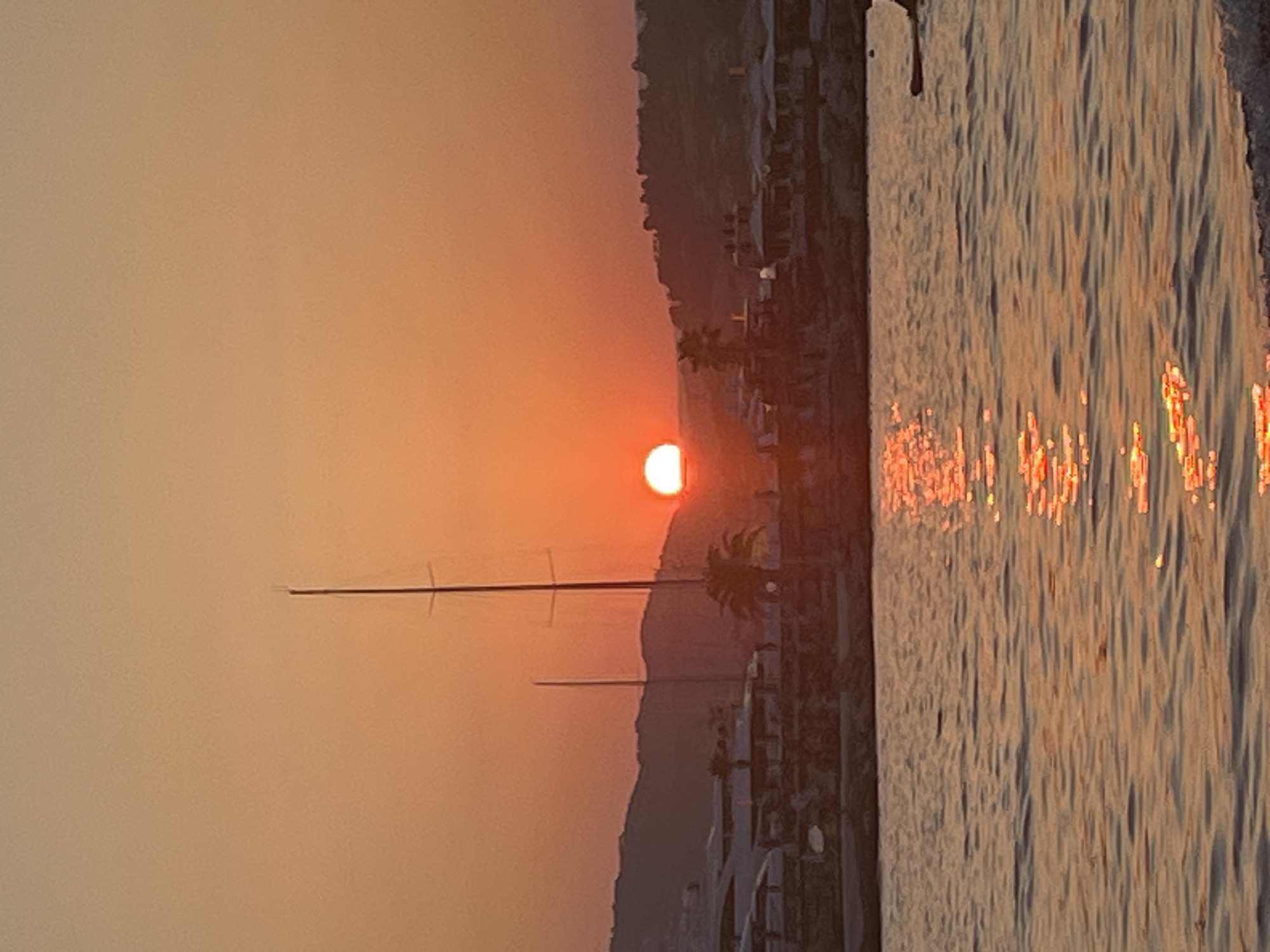 An unobstructed, eye-level, portrait-oriented, medium shot captures a sunset over the bay of Cannes, France. The sun, a bright orange orb, is positioned near the center of the frame, slightly to the right, partially obscured by the horizon. The sky is a gradient of warm orange hues, transitioning to a lighter peachy tone towards the top. The water in the foreground reflects the warm colors of the sunset, creating a shimmering path of light across the surface. Along the distant coastline, silhouetted against the sky, are rolling hills dotted with buildings. A marina is visible, with several sailboats and yachts docked. Palm trees are scattered amongst the buildings, adding a tropical element to the scene. The overall atmosphere is serene and tranquil, conveying the beauty of a Mediterranean evening.