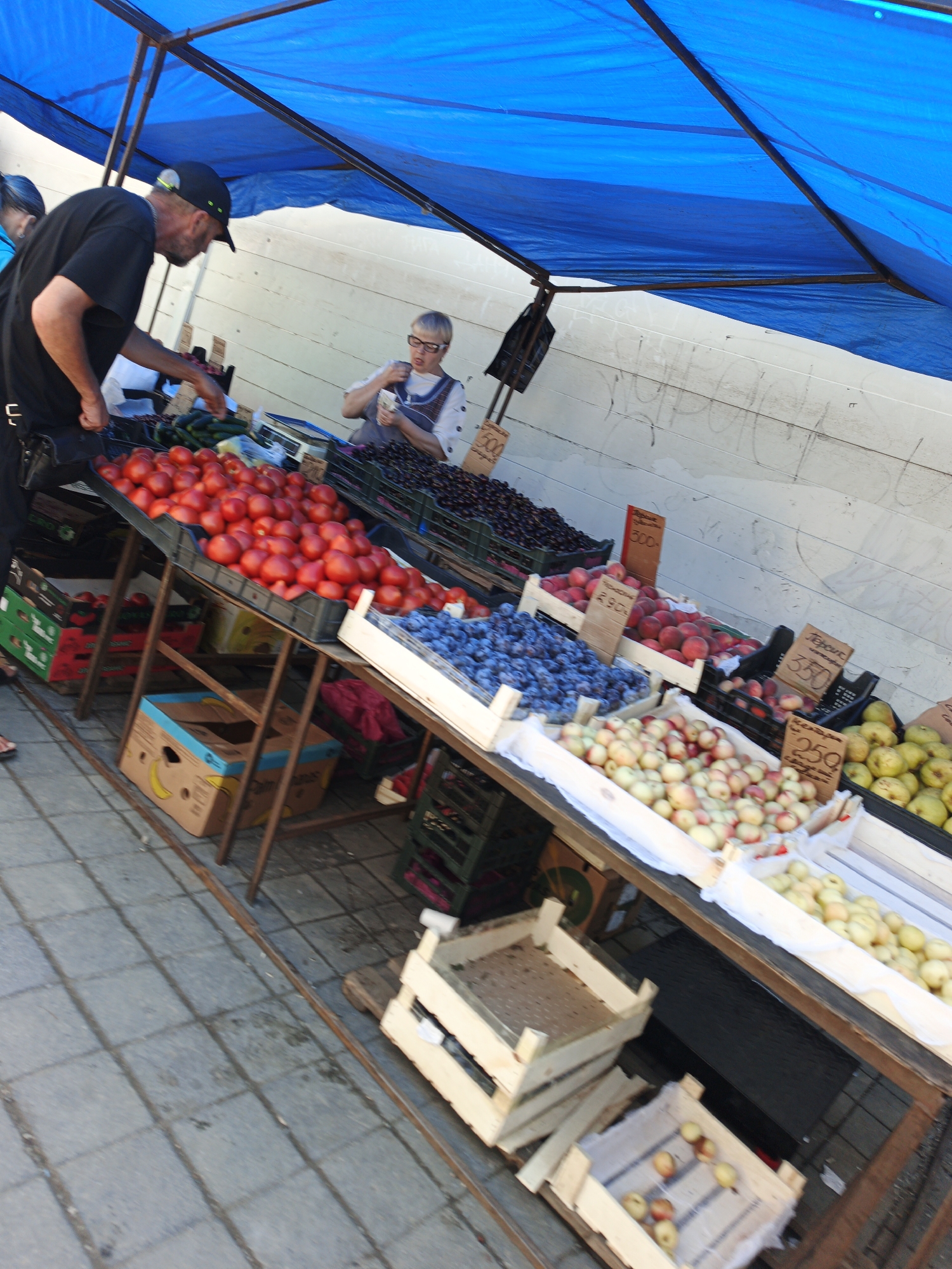An outdoor market stall with a blue tarp overhead displays an abundance of fresh fruit for sale. A man wearing a black t-shirt and a black baseball cap is interacting with the produce, reaching towards a large bin of red tomatoes. Beside the tomatoes, a tray of plump blue plums is visible, and further down the stall, crates are filled with peaches, apples, and pears. A woman in glasses stands behind the stall, holding a small white item. The market appears to be set up on a paved area, with a white wall in the background marked with graffiti. Empty wooden crates are stacked near the front of the stall. This scene is likely part of the bustling market life in Zlatoust, Russia, a city known for its industrial history and proximity to the Ural Mountains.
