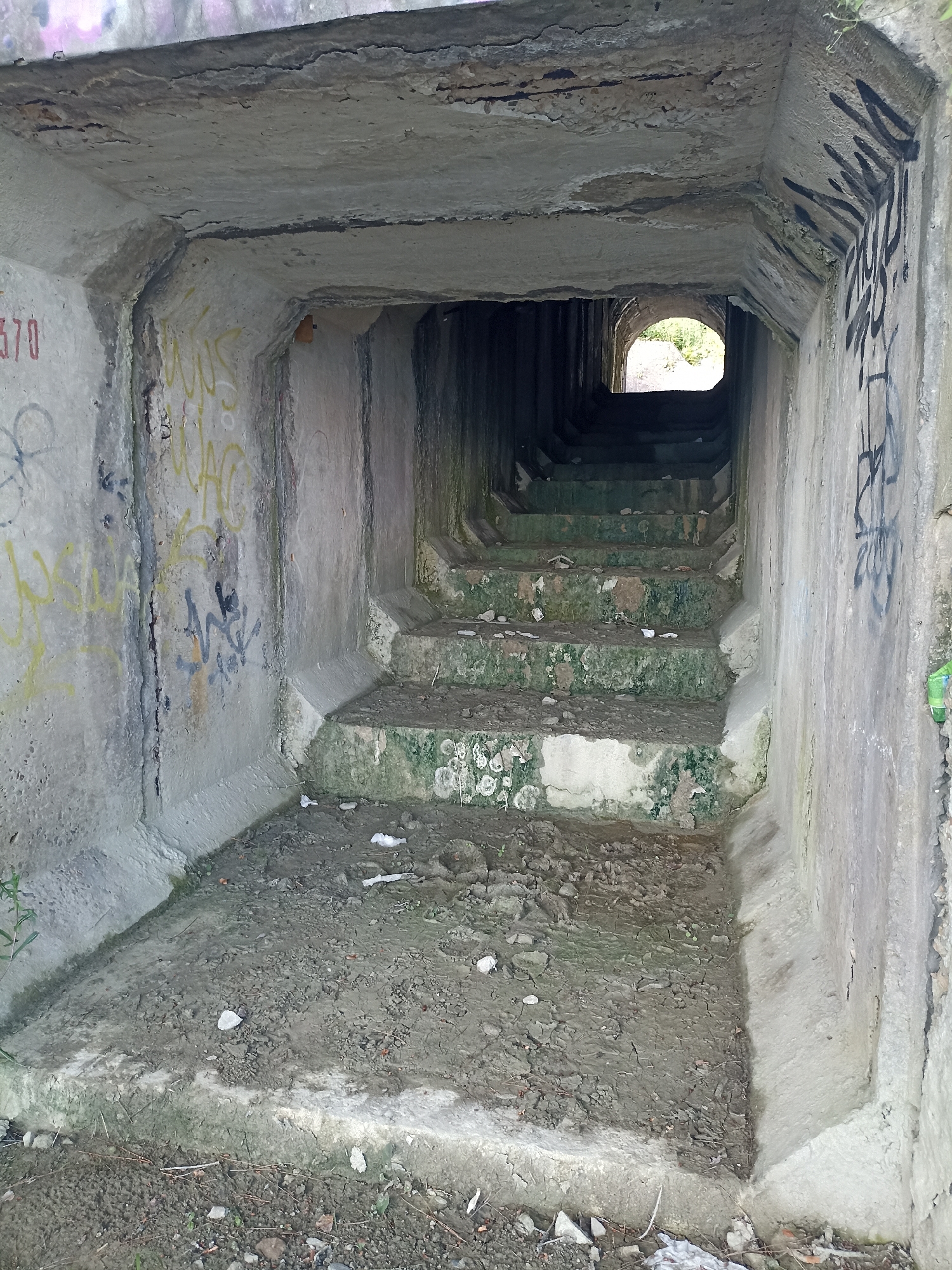 The image depicts an outdoor, concrete underpass or tunnel with a set of stairs leading upwards into a brighter opening. The concrete structure is weathered and shows signs of disrepair, with cracks and crumbling surfaces. The walls of the tunnel are marked with graffiti, some in spray paint with black and yellow lettering. The stairs themselves are mossy and covered in debris, suggesting they are not regularly maintained. The ground at the entrance of the tunnel is also covered in dirt, gravel, and small pieces of trash. The overall impression is one of neglect and disuse. Based on its appearance, this underpass could be located in an urban or suburban area of Sochi, Russia, possibly near a road or railway line where such structures are common for passage.