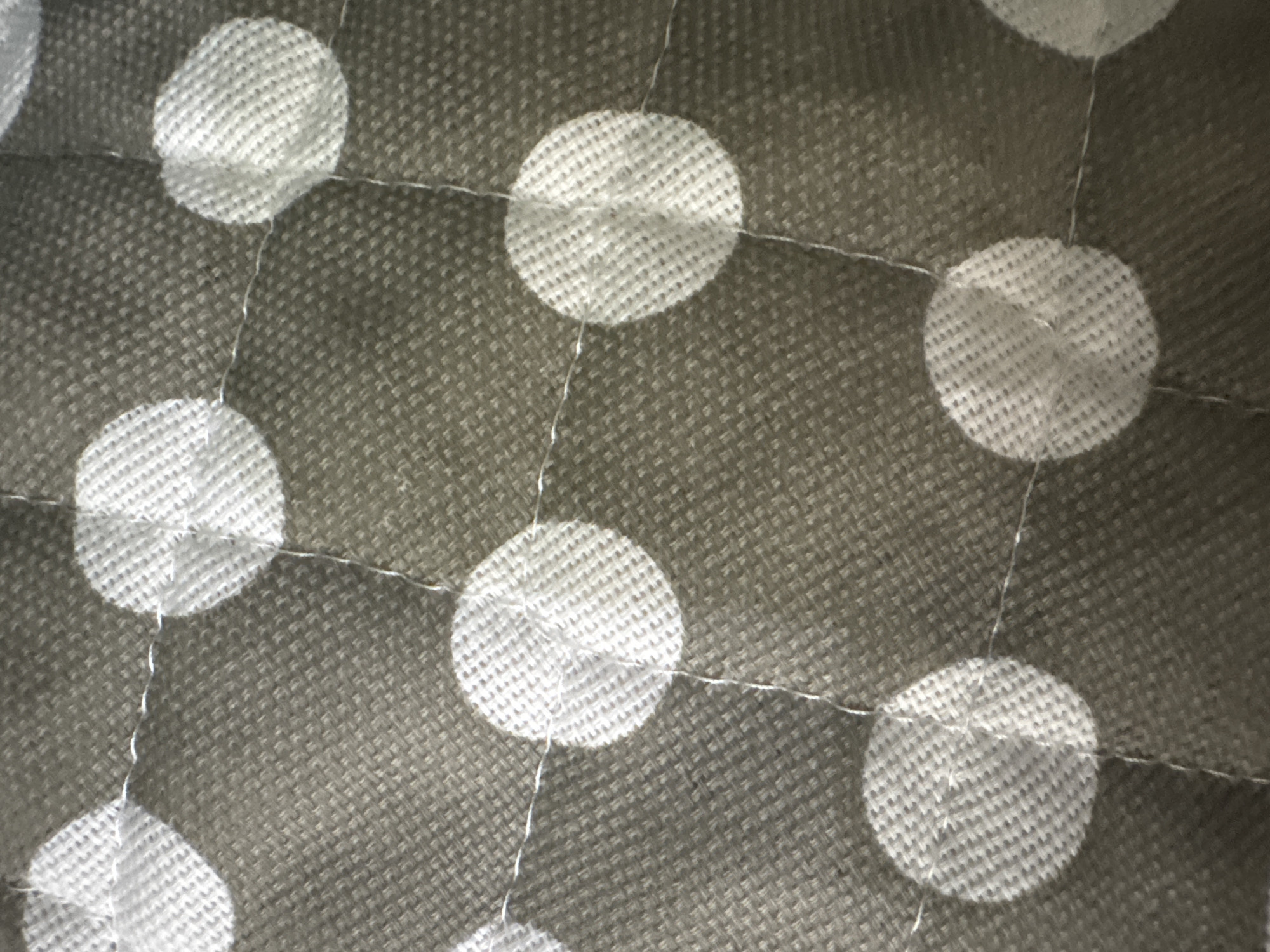 The image is a close-up, high-angle shot of a quilted fabric surface. The background consists of a dark grey or muted olive-green textile with a visible, tight weave pattern, possibly a basket weave or twill. White, circular patches are evenly distributed across this background, appearing slightly raised or puffy due to the quilting.
Each white circle also features a fine, textured pattern, resembling a tightly woven or matted material. Thin white threads crisscross the entire surface, forming a grid of stitches that connect the centers of adjacent white circles, both horizontally and vertically. Additional white stitches radiate from the center of each white circle, further securing them to the background and enhancing their three-dimensional appearance.
The lighting is soft and consistent, highlighting the textures of both the background fabric and the white circles, as well as the fine stitching. No people, discernible objects other than the fabric, or activities are depicted. There is no visible text in the image. No specific location cues, time of day, or weather conditions are indicated within the frame itself. The image presents a detailed view of a patterned and quilted textile.