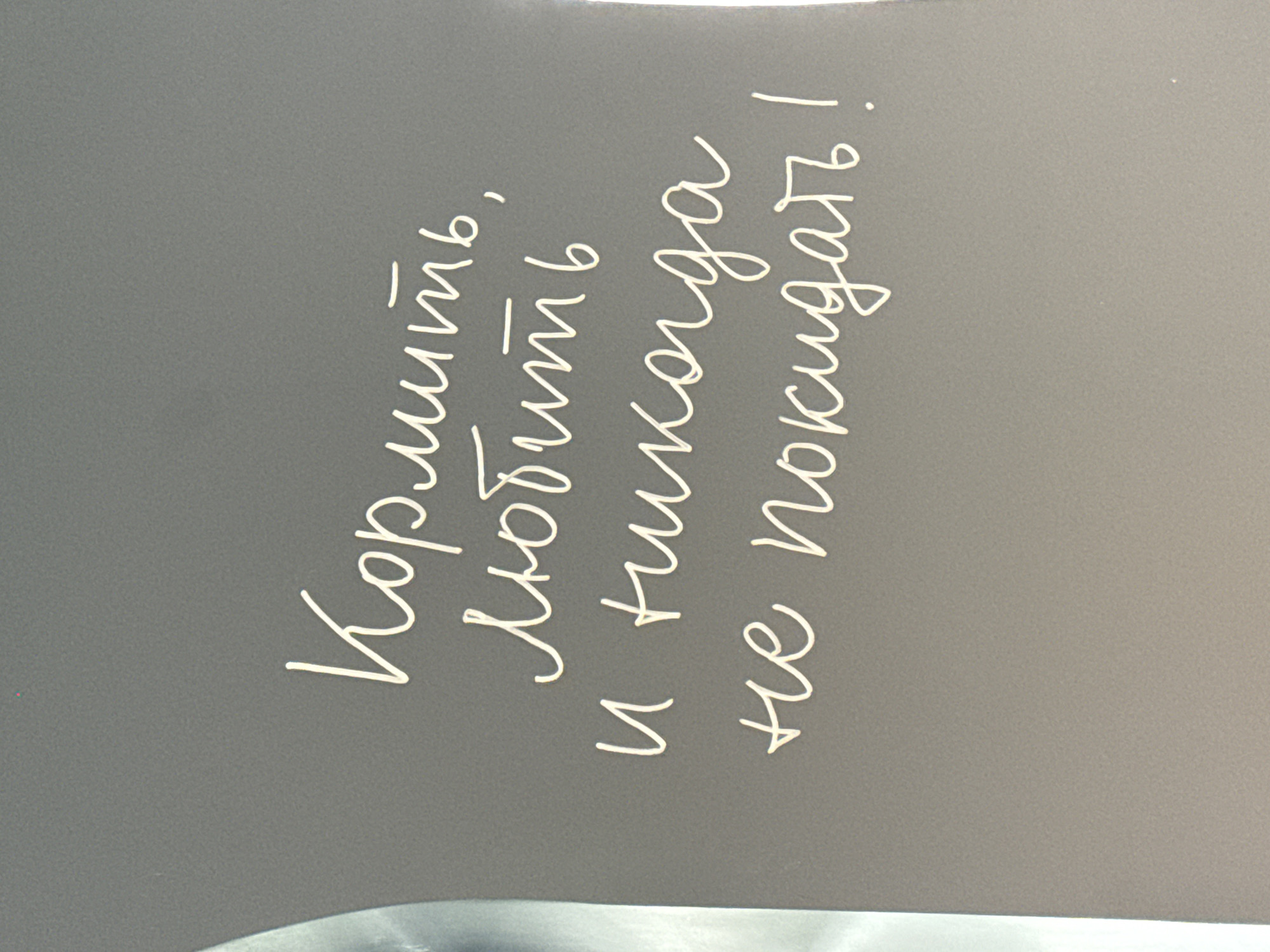 The image shows a dark grey wall or surface adorned with white, handwritten-style text. The text is oriented diagonally, running from the top left to the bottom right of the frame. The background has a uniform, matte finish.
The visible text is in Russian and reads: "Кормить, любить и никогда не покидать!" This phrase translates to "Feed, love and never abandon!" and ends with an exclamation mark, conveying a strong message, often associated with the care of pets.
No people or specific objects are depicted, apart from a blurred, lighter-toned, and slightly reflective surface at the very bottom edge of the image, possibly indicating a floor or furniture. The lighting appears even, suggesting an indoor setting within Krasnoyarsk, Russia. The overall impression is a clean, minimalist display emphasizing the written sentiment.