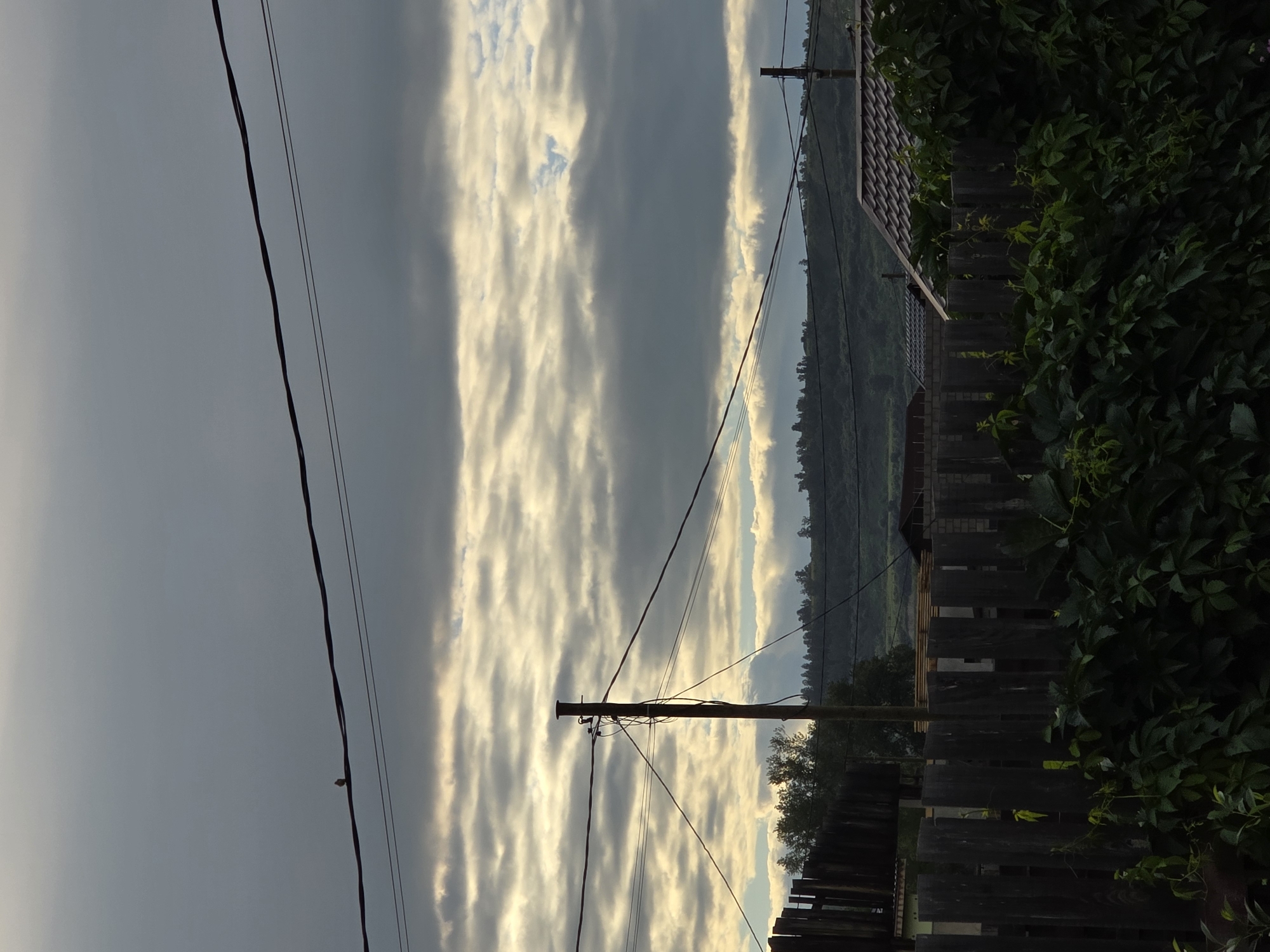 The image depicts an overcast sky above a rural landscape, likely in Ермолаево, Russia. In the foreground, a dark wooden fence runs horizontally, partially obscured by lush green foliage. Beyond the fence, a telephone pole with wires stretches upwards. In the middle ground, several houses with tiled roofs are visible, nestled amongst trees. The background features rolling hills covered in vegetation under a heavily clouded sky, with streaks of light breaking through the clouds. A single bird is perched on a wire in the upper portion of the frame. The scene appears to be captured during the daytime, possibly late afternoon or early evening, given the subdued lighting.