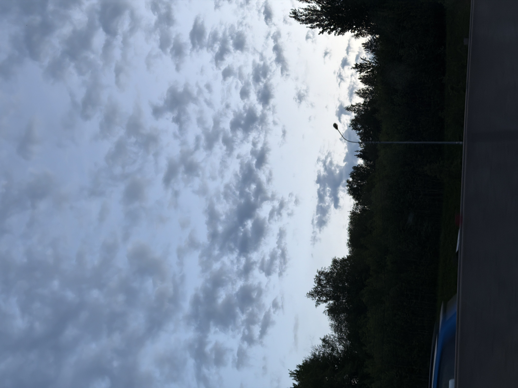 The image presents an outdoor scene dominated by a cloudy sky and a line of dark trees. The perspective appears to be from a slightly elevated position or looking upwards, showing a vast expanse of sky.
The upper two-thirds of the frame are filled with a complex pattern of grey, lumpy clouds, suggesting a heavily overcast or impending storm condition. These clouds exhibit varied textures and densities, with some areas appearing darker and more voluminous, while others reveal lighter, brighter patches of pale blue-grey sky peeking through, particularly towards the right side of the image. The cloud formations are somewhat chaotic but largely cover the firmament.
Across the lower third of the image, a dense and dark line of trees forms a natural boundary, appearing largely as a silhouette against the brighter sky. These trees are heavily foliated, indicating a possible summer or late spring setting. A single, tall street light with a distinctive curved arm rises from among these trees, extending upwards into the cloudy sky, positioned slightly to the right of the center. In the very bottom right corner, a dark grey structure, possibly a road barrier or wall, is visible, alongside a small, indistinct blue section of what appears to be a vehicle, likely a car.
The overall lighting suggests it is either late afternoon, early evening, or a day with very heavy cloud cover, as there is no direct sunlight visible and the landscape elements are silhouetted. No specific activity is taking place. There is no visible text. The location context is Kerro Massiv, Russia.