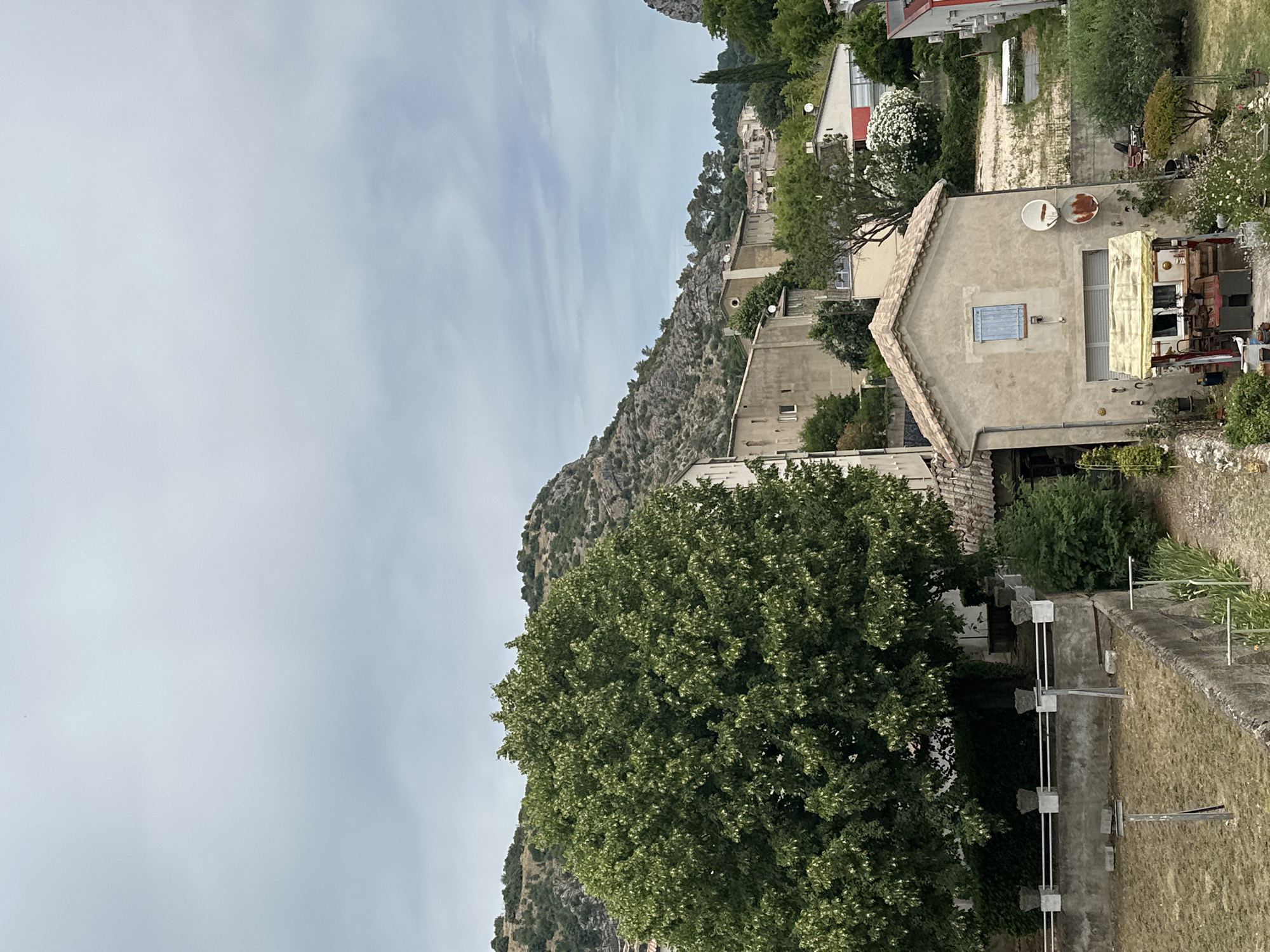 The image depicts a view of the town of Anduze, France, with a focus on a hillside settlement. In the foreground, a large, lush green tree dominates the left side of the frame. Below the tree, a concrete wall separates a dry, mowed yard from a paved area. A small, weathered building with a blue-shuttered window and two satellite dishes is visible in the mid-ground, featuring an outdoor shelter with a yellow canopy and various items stored beneath it. Behind this building, other structures of the town are nestled into the hillside, with buildings of varying sizes and architectural styles. The background is characterized by a rocky, arid hillside covered with sparse vegetation and scattered trees. The sky is overcast with soft, diffused light.