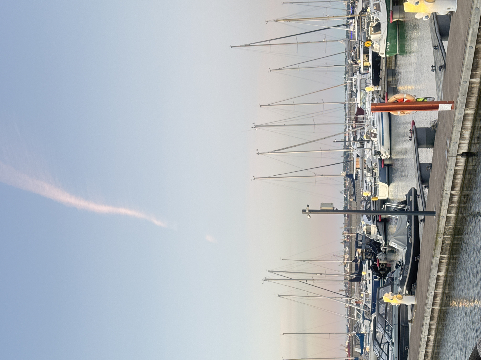 The image depicts a marina in Tallinn, Estonia, likely during the early morning or late evening due to the soft lighting and pale sky. The foreground features a wooden pier with several docked boats. One small, inflatable boat with the designation "Viking" and license plate "VLS-844" is prominently placed on the pier. Adjacent to it is another boat with the designation "VLS-923." A red post with a life preserver is also visible on the pier. Behind the pier, a collection of sailboats and motorboats are moored in the water. The masts of the sailboats create a distinct pattern against the sky. In the background, a cityscape with industrial elements and cranes suggests a port or harbor area. The sky is a gradient of pale blue, transitioning to a light pinkish hue near the horizon, with a faint, elongated cloud streak. The water is calm, reflecting the sky and the boats. There are no people visible in the frame.