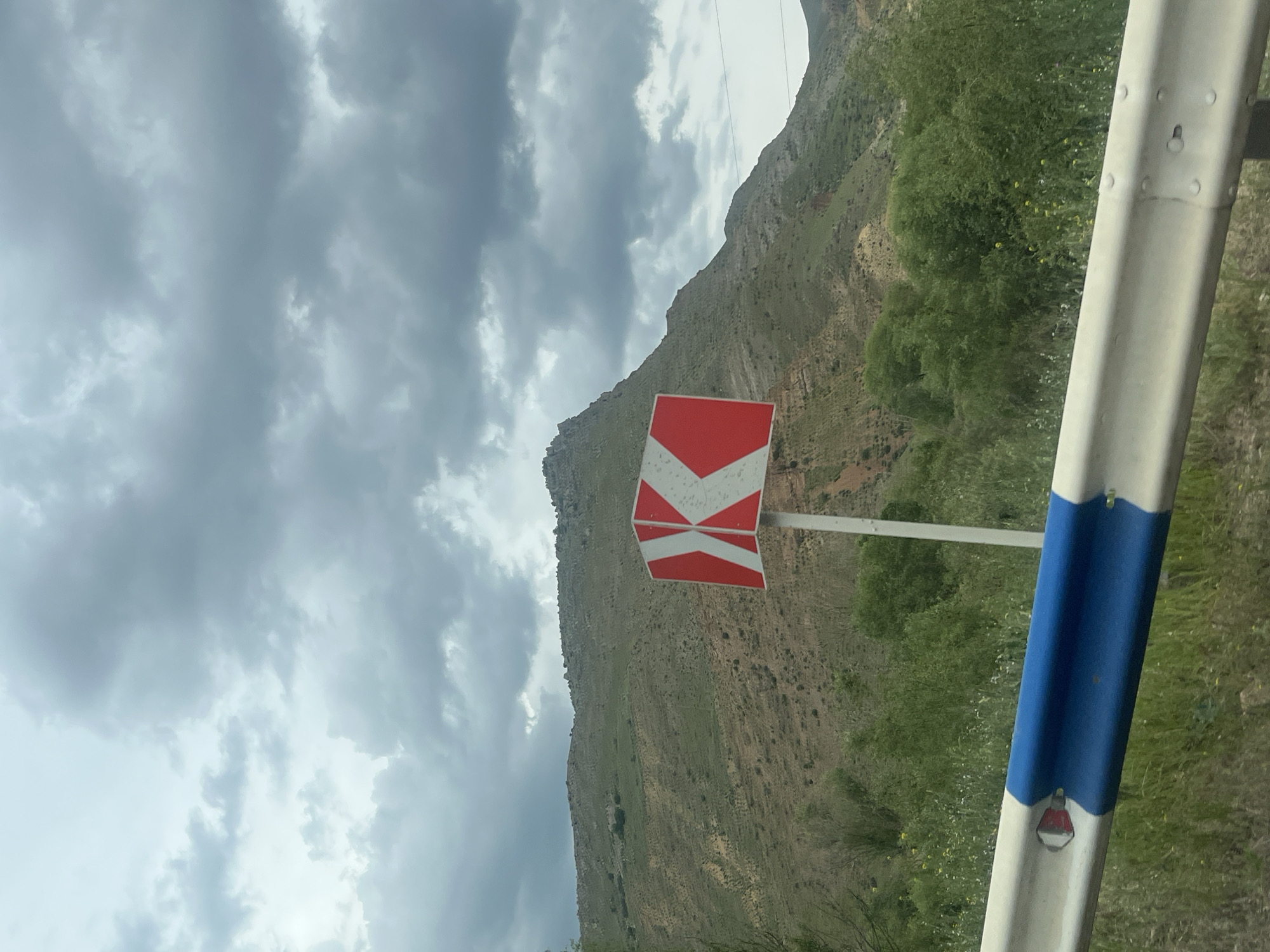 This image captures a rugged, mountainous landscape from the perspective of a vehicle, possibly in Chiva, Armenia. The scene is set under a heavily overcast sky, filled with dark grey clouds that obscure any direct sunlight, creating a muted and atmospheric lighting condition.
In the immediate foreground, a white road guardrail with a distinct blue stripe runs along the right side of the frame, suggesting a highway or road winding through the terrain. In the mid-ground, a red and white chevron sign is prominently displayed on a pole. The chevrons point to the left, indicating a sharp left turn or curve in the road ahead.
The dominant feature of the background is a sprawling mountain range. The mountain slopes are steep and rocky, covered in dense patches of green vegetation, indicating fertile ground despite the harsh terrain. Small yellow flowers can be seen scattered among the green foliage closer to the road. The overall impression is one of a vast, untamed natural environment, devoid of human structures or people, emphasizing the isolation and beauty of the mountainous region. No discernible text is visible on the sign or elsewhere in the image.