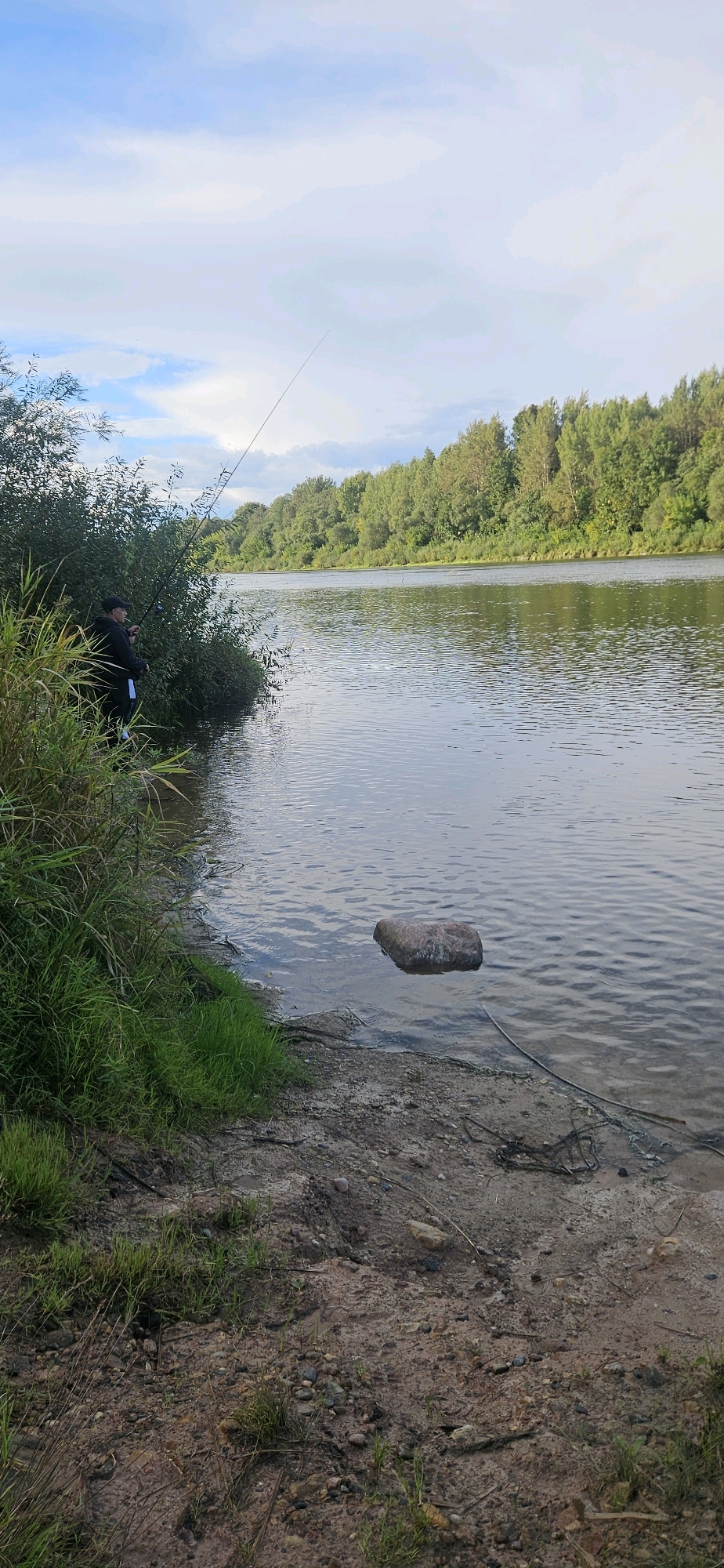 A man is fishing on the bank of the Vitba River in Vitebsk, Belarus. The man is wearing a dark jacket and hat and is holding a fishing rod. He is standing near a thicket of bushes and tall grass. The river is wide and calm, with trees lining the opposite bank. A large rock is visible in the shallow water near the shore. The sky is cloudy, with patches of blue showing through. The scene is peaceful and serene.
