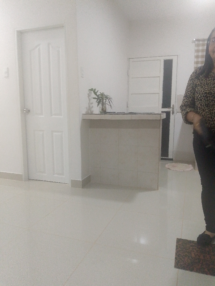 An interior view reveals tiled flooring, white walls, and two white doors. A waist-high tiled partition supports a countertop adorned with a plant. A person, partially visible on the right, wears a patterned top and dark trousers. A small rug lies by the back door. The overall lighting gives a bright, almost sterile, ambiance to the scene.