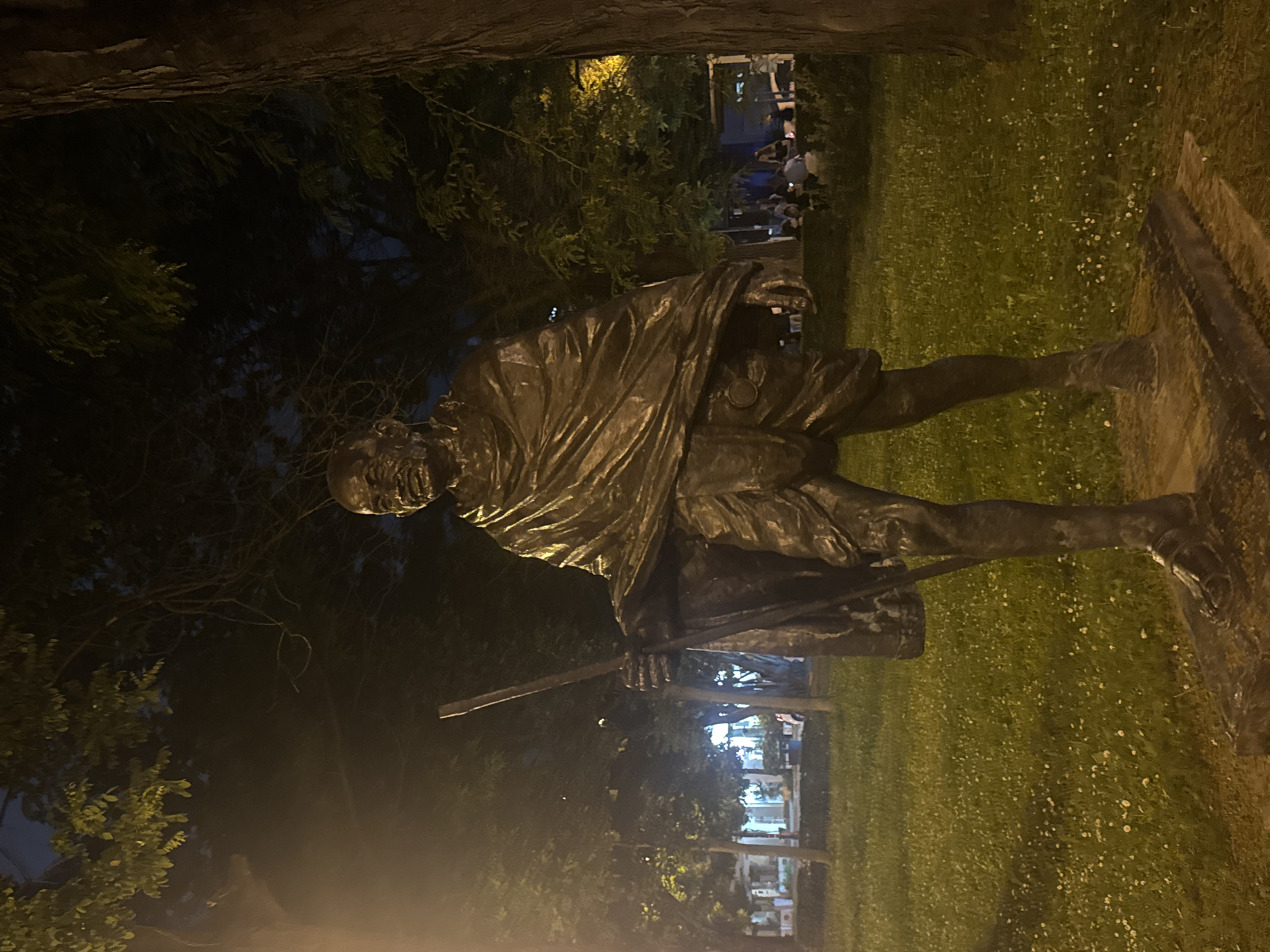 A bronze statue of Mahatma Gandhi stands prominently in a park at night in Varna, Bulgaria. The statue, illuminated by warm artificial light, depicts Gandhi in a dhoti and shawl, holding a walking stick in his right hand, poised in a walking stance. The immediate foreground consists of a grassy lawn dotted with small white flowers. Various trees, some with dense foliage and others with bare branches, frame the scene. A large tree trunk is visible on the far right. In the mid-ground and background, additional trees and distant structures are visible. Several individuals are gathered in groups under the trees in the background, particularly on the right side, suggesting a social or recreational setting. The sky above is dark, indicating nighttime.