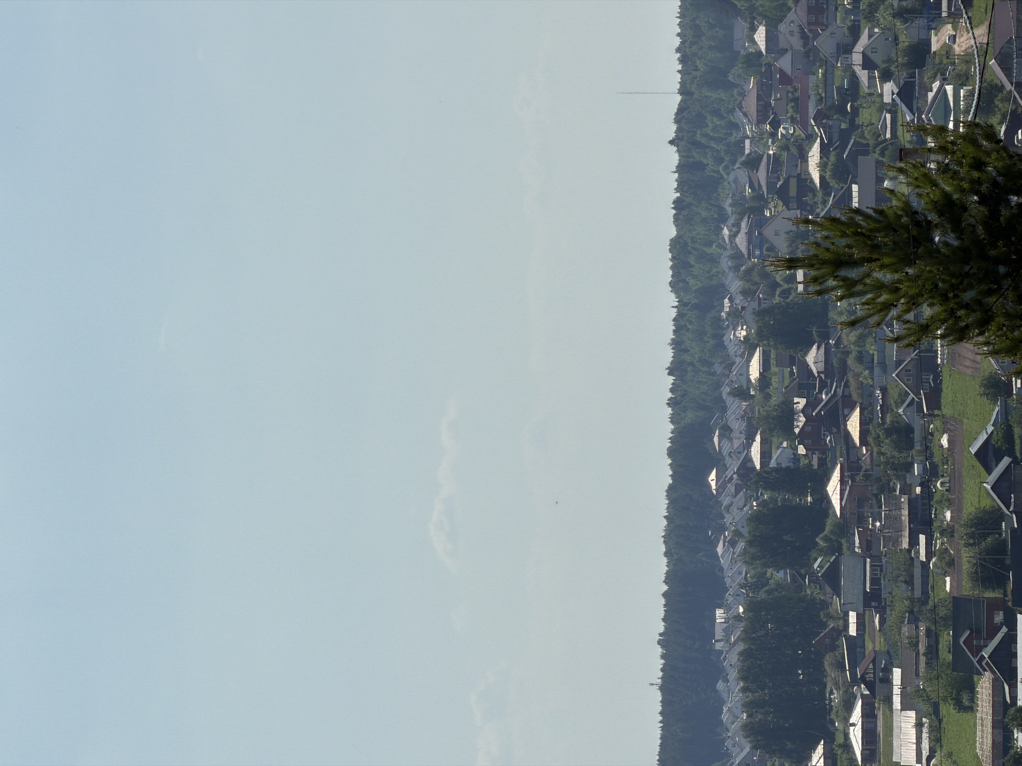 The image presents a view of a residential area near Ягул, Russia. The sky occupies the left portion of the scene, transitioning from light blue to a slightly hazy hue. On the right, a line of trees defines the edge of a settlement consisting of numerous houses, identifiable by their rooftops. The houses are interspersed with greenery and some bare terrain. A tall, thin pole-like structure is visible in the distance, rising above the tree line. A tree branch partially obscures the view in the lower right corner.