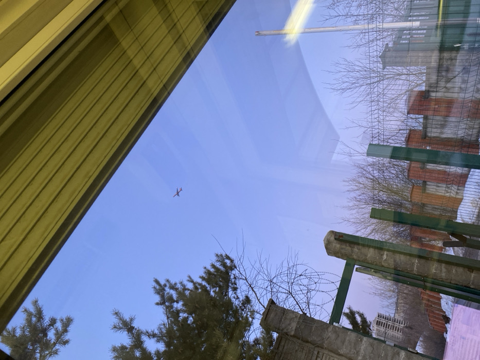 The image presents an outdoor scene in Марфино, Russia, viewed through a window. A reflection of horizontal yellow-green blinds occupies the upper margin of the frame. The sky is clear and light blue, featuring a small, reddish-orange airplane traversing from left to right in the upper-mid section. To the left, a portion of a dark green coniferous tree is visible. Below it, and extending across the mid-ground, are numerous bare deciduous trees and shrubs, indicating a winter or early spring season. Patches of snow cover the ground intermittently. Various fencing structures are present: a large, weathered concrete pillar stands on the left. Adjacent to it, a green metal gate or fence with concrete posts is visible. Further back, a chain-link fence is discernible. In the mid-ground, a multi-sectioned fence features alternating reddish-brown and gray concrete elements with wire mesh panels. In the distant background, a tall, light-colored residential or commercial building is partially observed through the bare vegetation. No individuals are depicted in the scene. The ambient lighting suggests daylight.