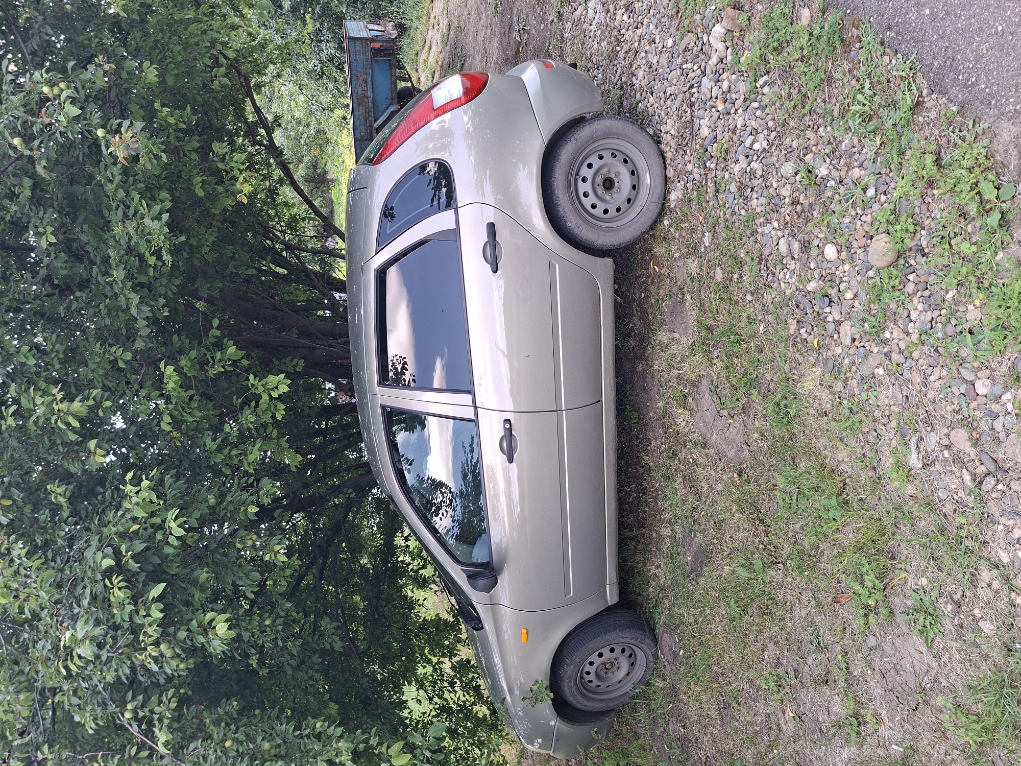 A light gold hatchback car is parked on a gravel and grass area partially shaded by a large tree with green leaves and some unripe fruit. The car is viewed from the side, showing its left profile. The car has tinted windows, black door handles, and silver wheels. An orange reflector is visible on the front fender. In the background, a blue trailer is parked next to some trees. The ground consists of dirt, grass, and small stones. The scene appears to be in a rural or semi-rural setting, possibly on the outskirts of the city of Gorkovskiy, Russia, given the presence of a trailer and the natural vegetation. There are no people visible in the image.