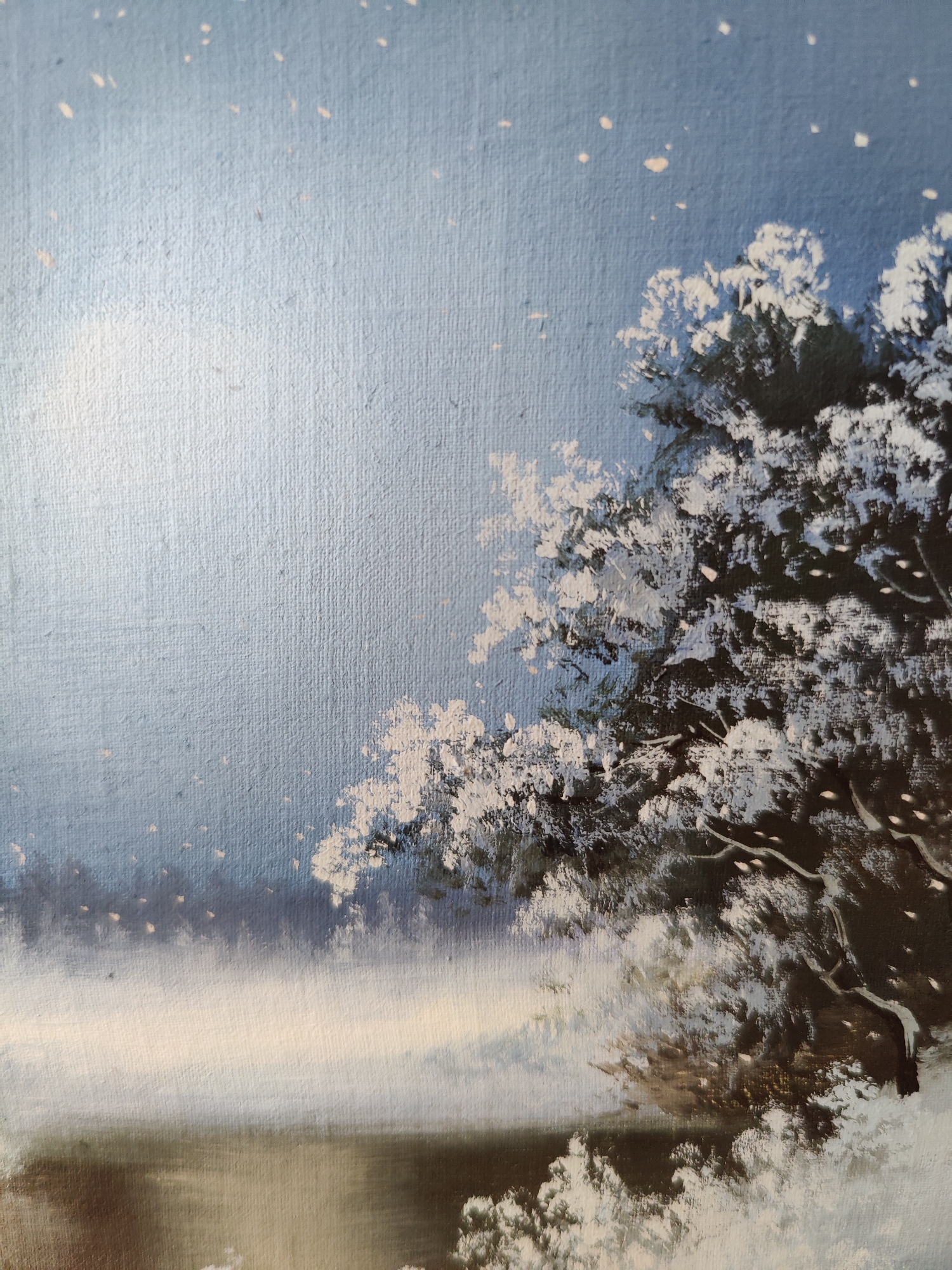 This is an oil painting of a winter scene. The painting depicts a snow-covered tree with dark branches and white foliage against a pale blue, softly lit sky. Small white and yellow dots are scattered across the sky, suggesting falling snow or stars. In the lower part of the painting, a misty landscape transitions to a dark, reflective body of water. The overall mood is serene and peaceful, evoking the quiet beauty of a winter's night. The texture of the canvas is visible, indicating it's a traditional painting. There is no visible text in the image. The location context of Rybnitsa, Moldova, provides a regional setting for this winter landscape.