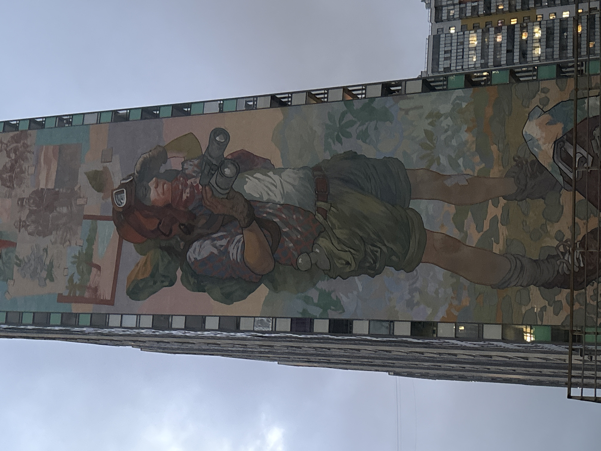 The image depicts a mural on the side of a building in St. Petersburg, Russia. The mural features a person lying prone and looking through binoculars. The person is wearing an olive green shirt, shorts, and brown shoes. They also appear to have a brown hat and are wearing goggles. The mural includes a background of a landscape of trees and foliage. The building itself is tall and has a grid of windows. In the upper right of the image, another taller building with lit windows is visible. The sky is overcast.