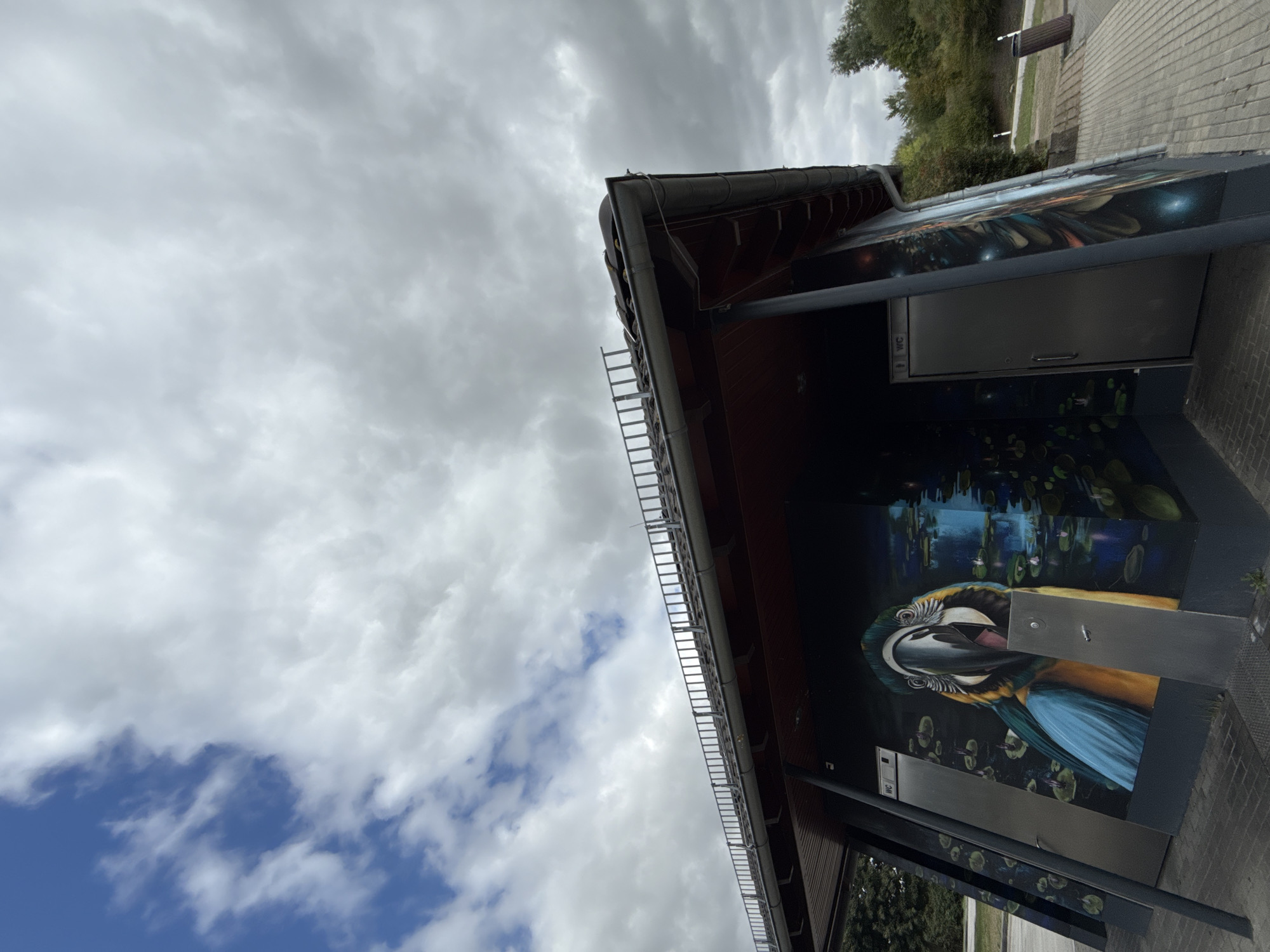 The image shows an outdoor public restroom facility with vibrant graffiti art. The artwork features a large, colorful macaw parrot with its beak open, set against a dark background with water lilies and a watery scene. To the left of the macaw, there is a stainless steel door with a "WC" sign above it, indicating a toilet. To the right, another identical stainless steel door is visible, also presumably for a restroom. The building itself has a dark-tiled roof with a metal railing along the edge. The structure is supported by dark pillars. The surrounding environment appears to be a paved area with some greenery and trees in the background. A trash bin is visible on the right side of the image. The sky is partially cloudy with patches of blue. This facility is located in Großpösna, Germany. There are no people visible in the image.
