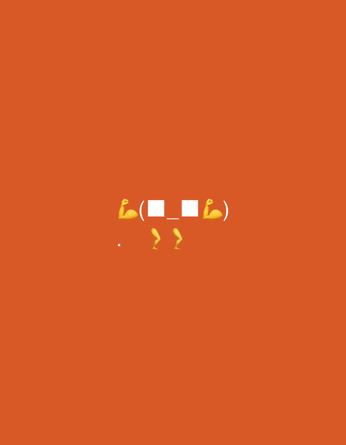 An image displays a minimalist digital artwork set against a solid, vibrant orange background. In the central lower portion of the frame, emojis are arranged to form a stylized character. The "head" or "upper body" of this character is represented by two square-like shapes enclosed within parentheses "( )". Two flexing biceps emojis (πͺ) flank these parentheses, acting as the character's "arms." Below this, two bent leg emojis (π¦΅π¦΅) are positioned, forming the character's "legs." A small black dot or period is also visible to the left of the character's "legs." The overall impression is a playful, strong-looking figure created from emojis. There are no other subjects, objects, or activities depicted. The scene lacks specific real-world location cues, time of day, or weather details, being an abstract digital composition. No visible text is present.