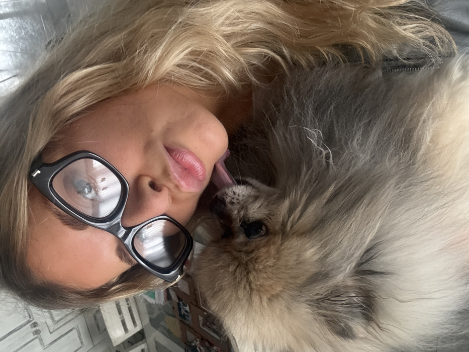 The image captures a close-up, selfie-style view of an adult female and a small domestic dog, located in Wattrelos, France. The female subject, positioned on the right, has long blonde hair and is wearing black-framed eyeglasses. Her left eye is visible through the lens, displaying a light-colored iris. Her lips are slightly pursed and exhibit a glossy appearance. Adjacent to the female's face, a small, fluffy dog, consistent with a Pomeranian breed, is depicted with multi-tonal fur ranging from light brown and cream to grey. The dog's tongue is extended, making contact with the lower facial area of the female subject. The female is wearing a dark-colored garment, partially visible in the lower right. The background is out of focus, indicating an indoor environment, with reflections in the eyeglasses suggesting light sources and indistinct architectural elements.
