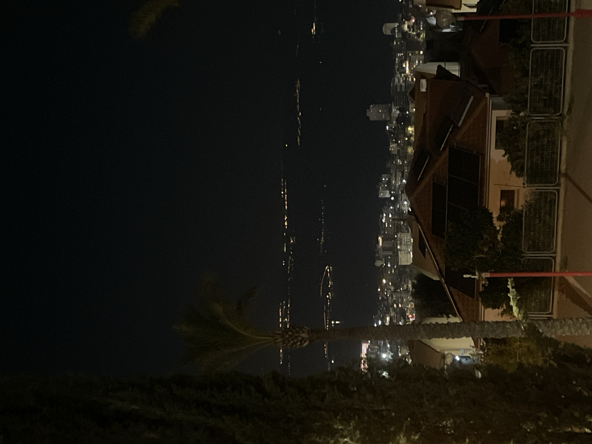 A nighttime, elevated shot captures a view of Tiberias, Israel, overlooking the Sea of Galilee. In the foreground, a palm tree stands to the left of a tiled-roof house with solar panels. The house is bordered by a fence. Beyond the house, the city lights of Tiberias are visible, with taller buildings in the background. Across the dark expanse of the Sea of Galilee, distant lights suggest further settlements or boats on the water. The sky is dark and clear.