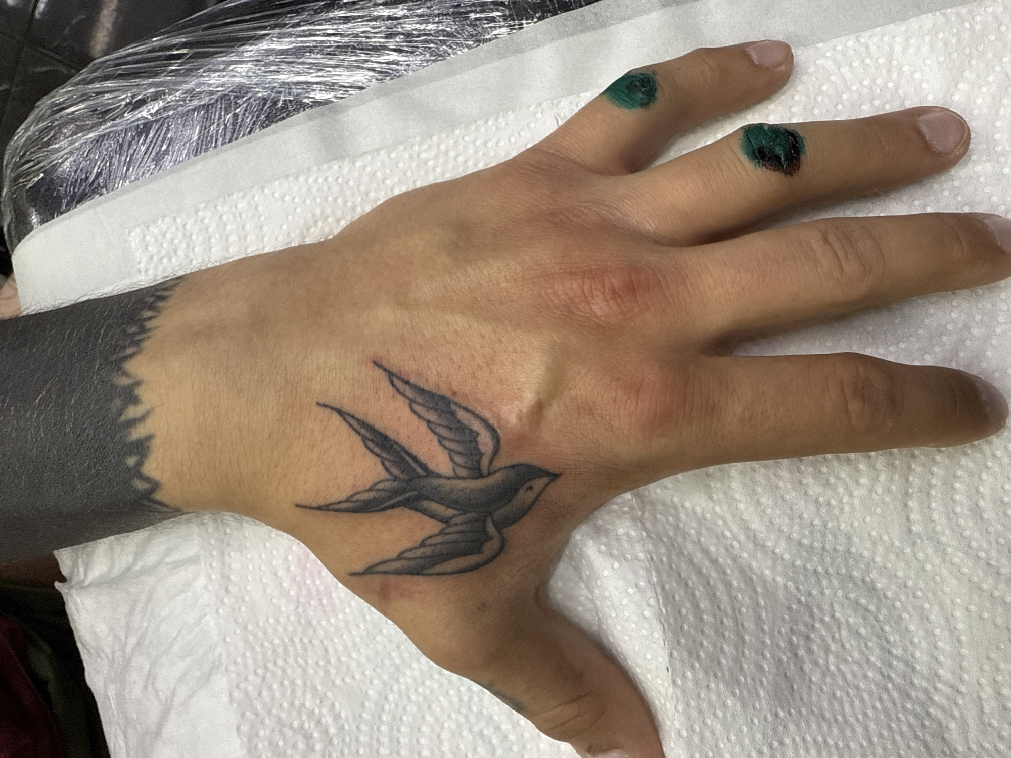 A close-up shows a person's right hand on a white, absorbent surface, likely a paper towel. The hand has a tattoo of a bird in flight on the back. The wrist is covered in a dark, solid tattoo that extends up the arm. Green ink dots are visible on the tips of the index and middle fingers. There are no indicators or details available to determine if the image was taken in Moscow, Russia.