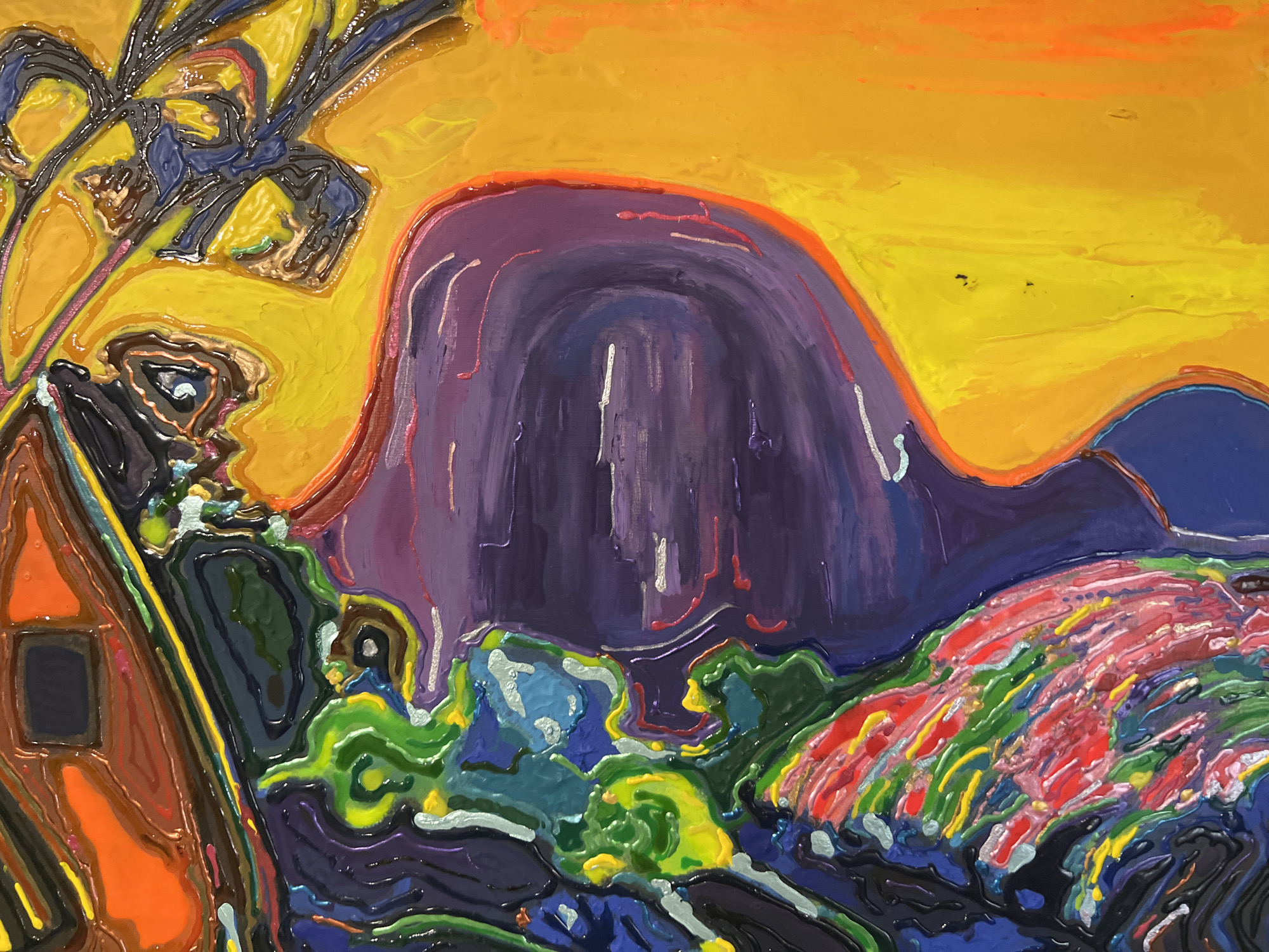 This is a colorful, abstract oil painting with a thick impasto texture. The central subject appears to be a large, rounded mountain or rock formation painted in vibrant shades of purple and accented with white and red drips. To the left of the mountain, there is a depiction of what could be a building or structure with orange and brown tones, featuring a dark square shape that might represent a window. Above and to the left of this structure, dark, abstract shapes with hints of blue and yellow suggest foliage or branches.
The background is dominated by a bright yellow and orange sky, creating a warm, perhaps sunset or sunrise atmosphere. In the foreground and midground, there are abstract representations of landscape elements, with swirling textures in greens, blues, and reds that could depict hills, bushes, or even flowers. The overall style is expressive and bold, with thick, visible brushstrokes and a rich, textured surface. The painting evokes a strong sense of vibrancy and perhaps a slightly surreal or dreamlike interpretation of a natural scene. There is no visible text. The location context of Minsk, Belarus, does not offer specific visual cues within the abstract composition itself.