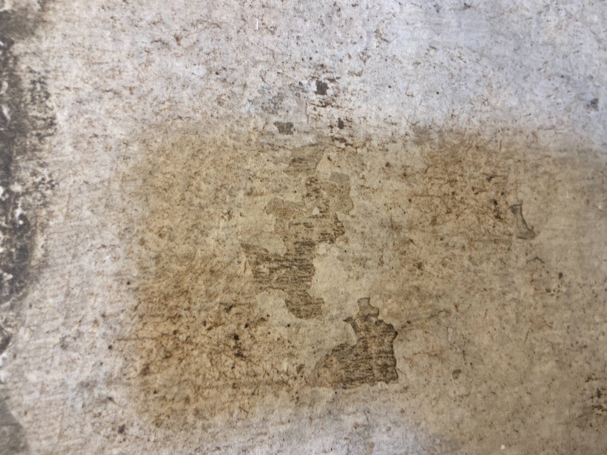This is a close-up, abstract photograph of a textured surface. The surface appears to be weathered concrete or stone, with areas of lighter gray and patches of darker brown and black discoloration. There are also some areas where the surface seems to be peeling or flaking, revealing a rougher texture underneath. The lighting is diffused, and there are no strong shadows, suggesting an overcast day or an indoor setting with indirect light. The overall impression is one of age and wear. There is no discernible text in the image.